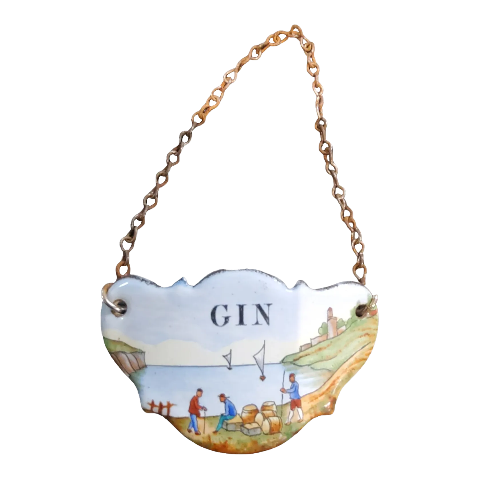 Gin Enamel Over Copper Bottle Tag in the Chinoiserie Style