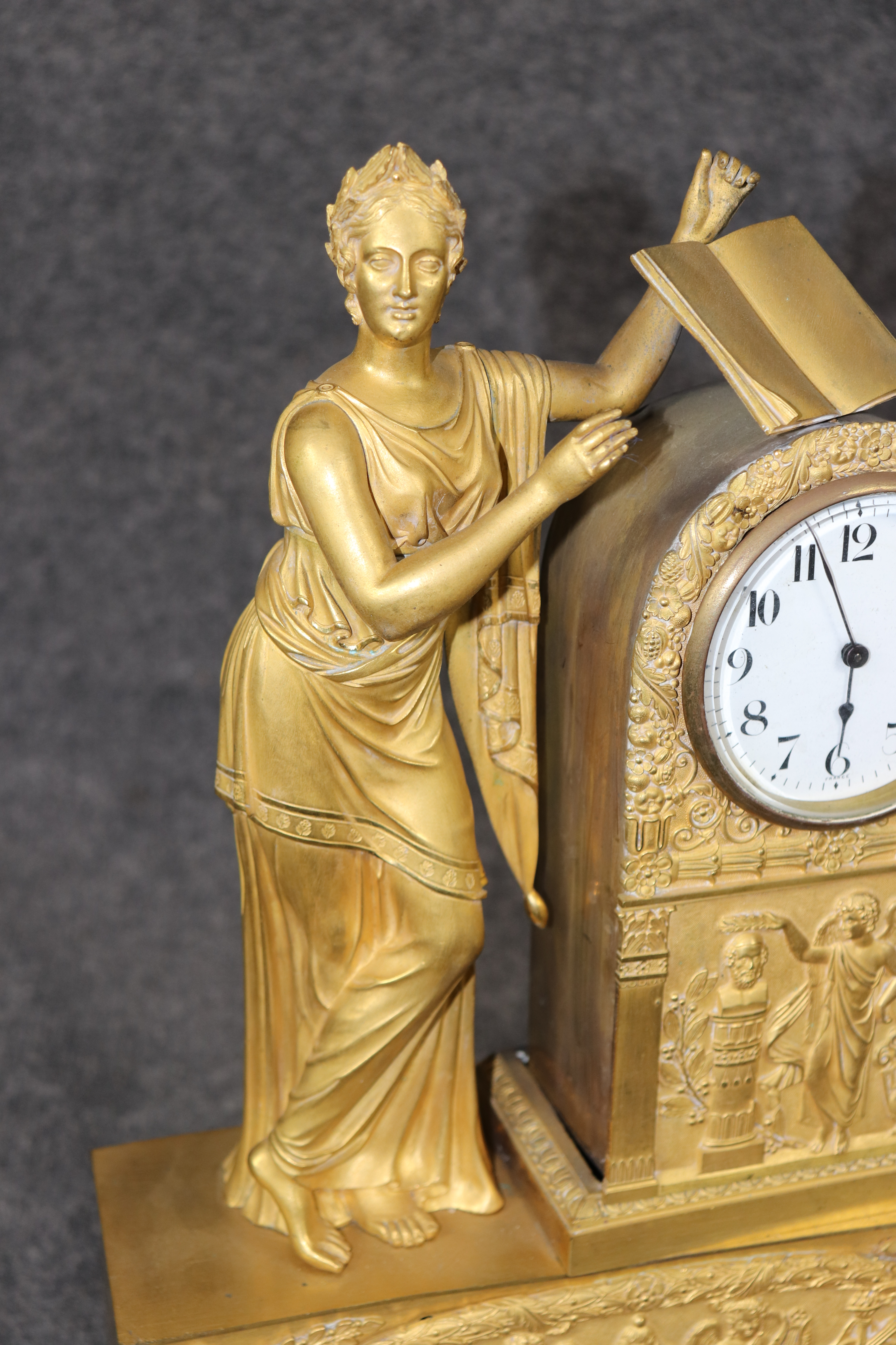 Fine French Empire Style Figural Maiden Solid Bronze Mantel Clock