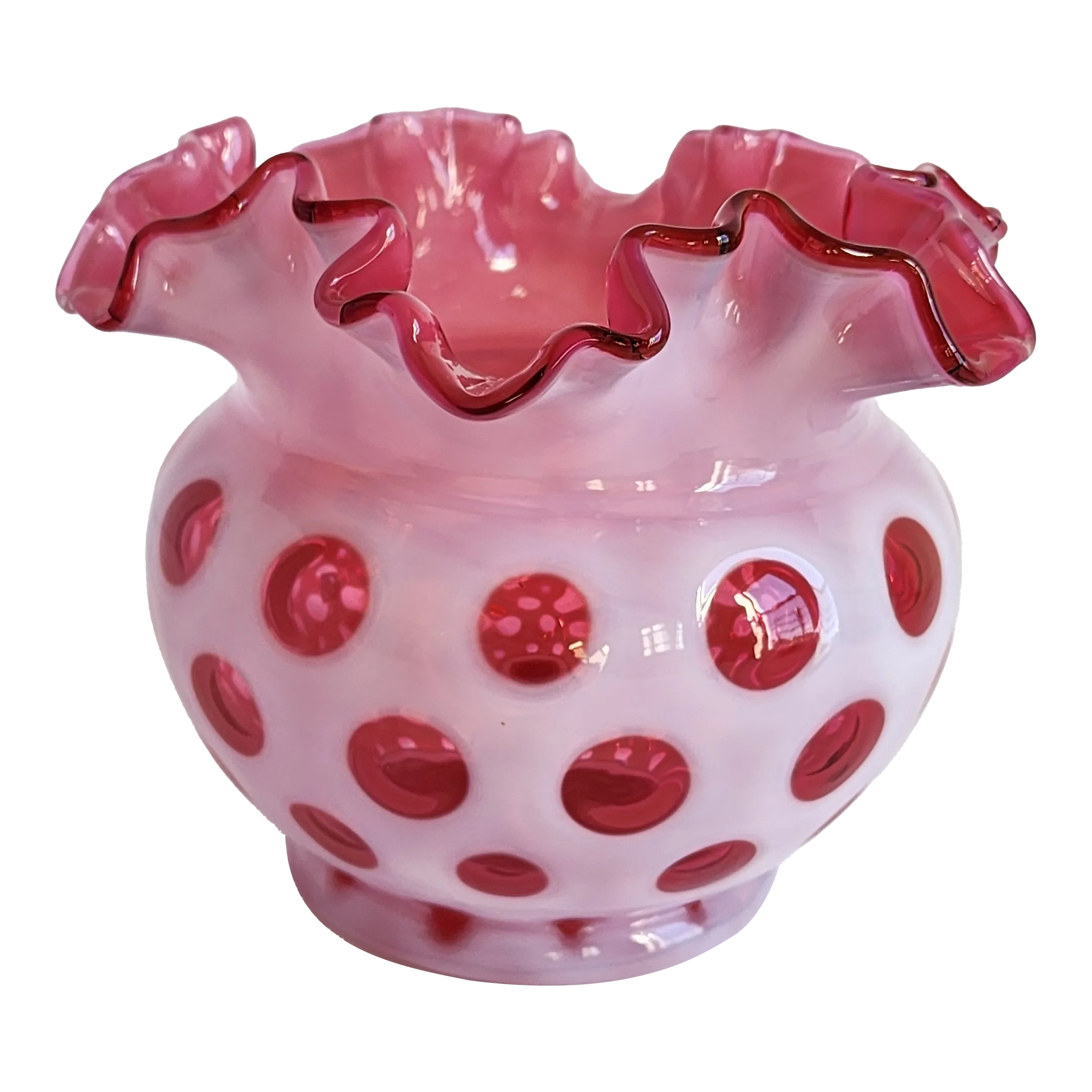 Vintage Fanton Cranberry & Pink Opalescent Glass Dot Ruffled