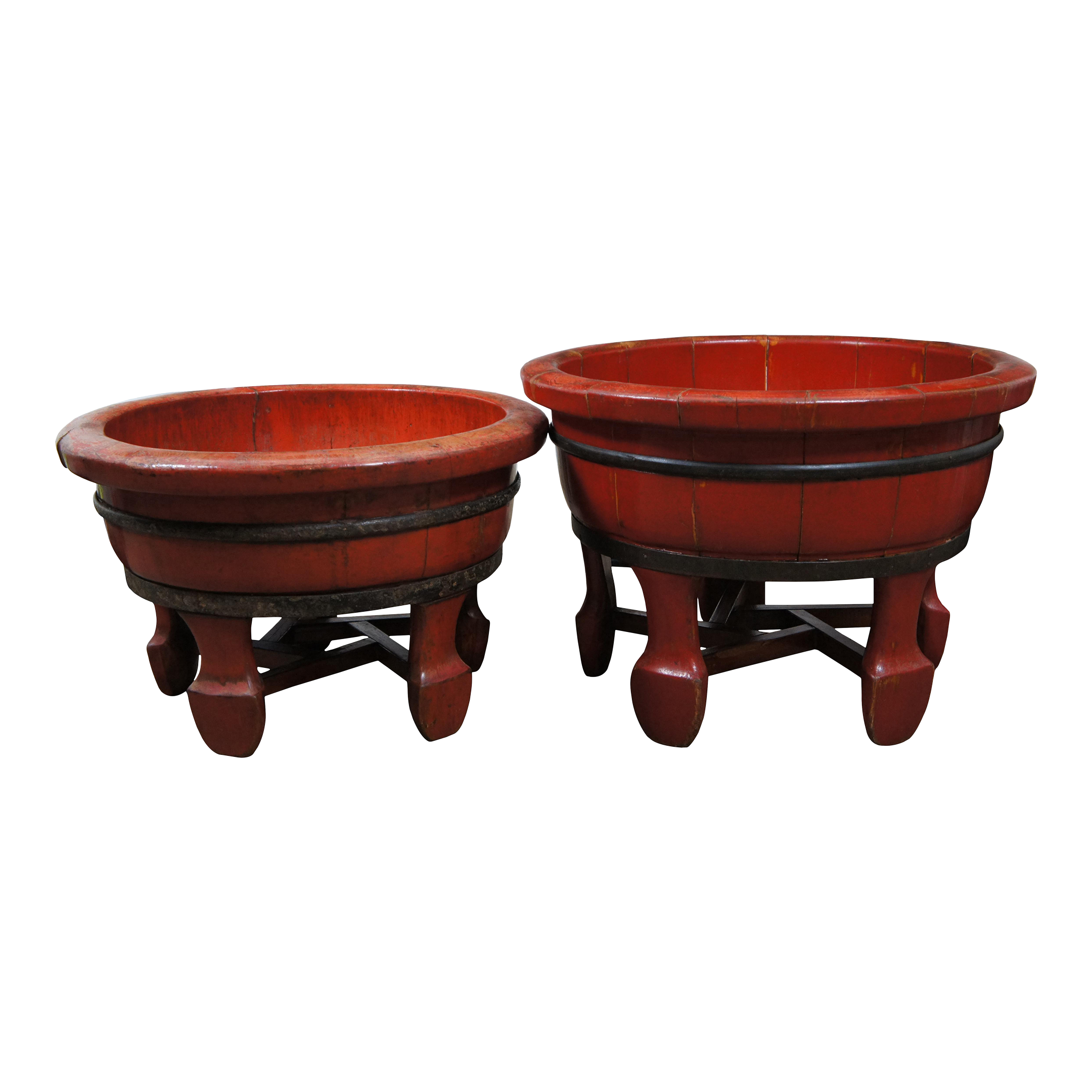 Vintage Chinese Wooden Red Lacquer & Iron Half Barrel Wash Basin