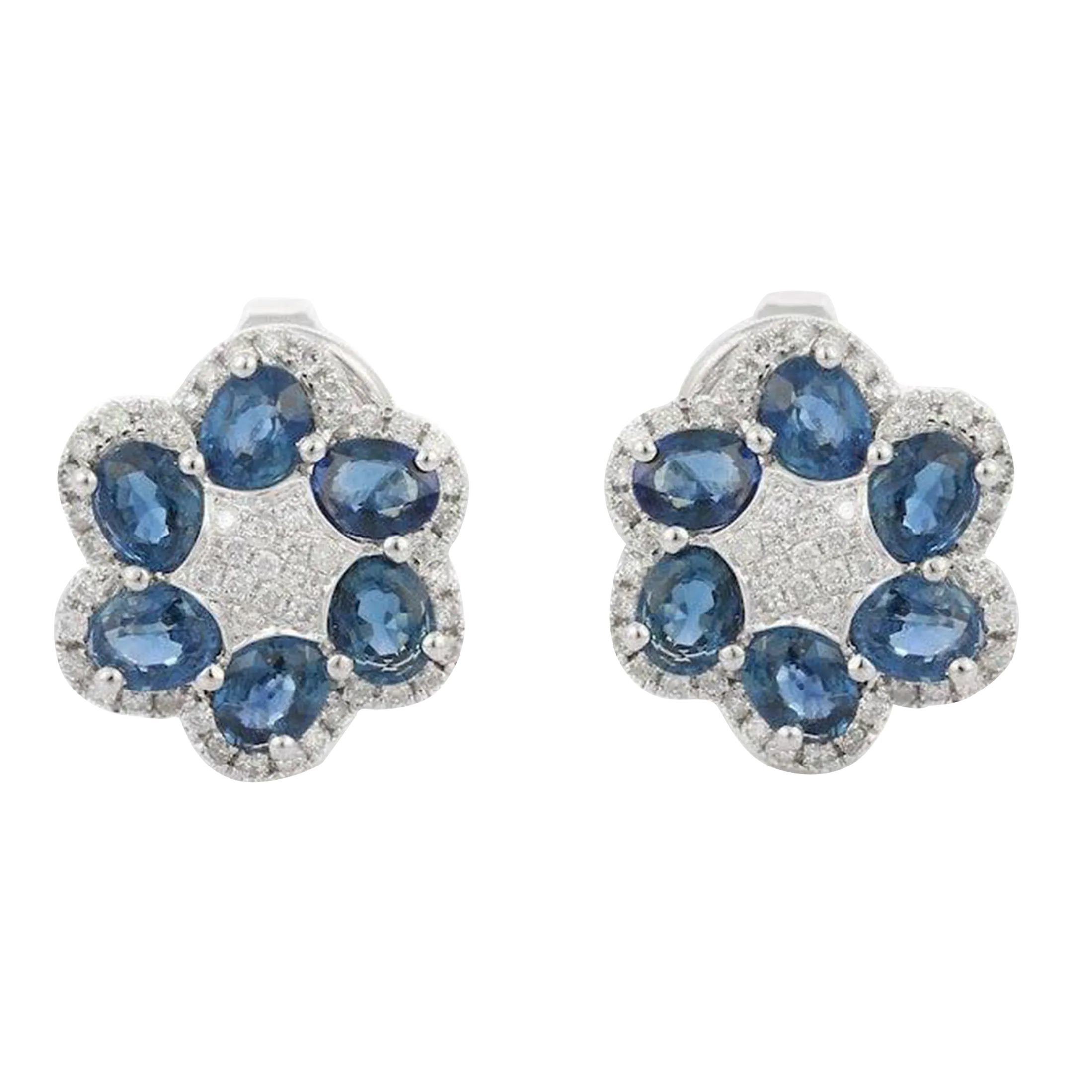Diamond Sapphire Floral Stud Earrings - 2 Pieces
