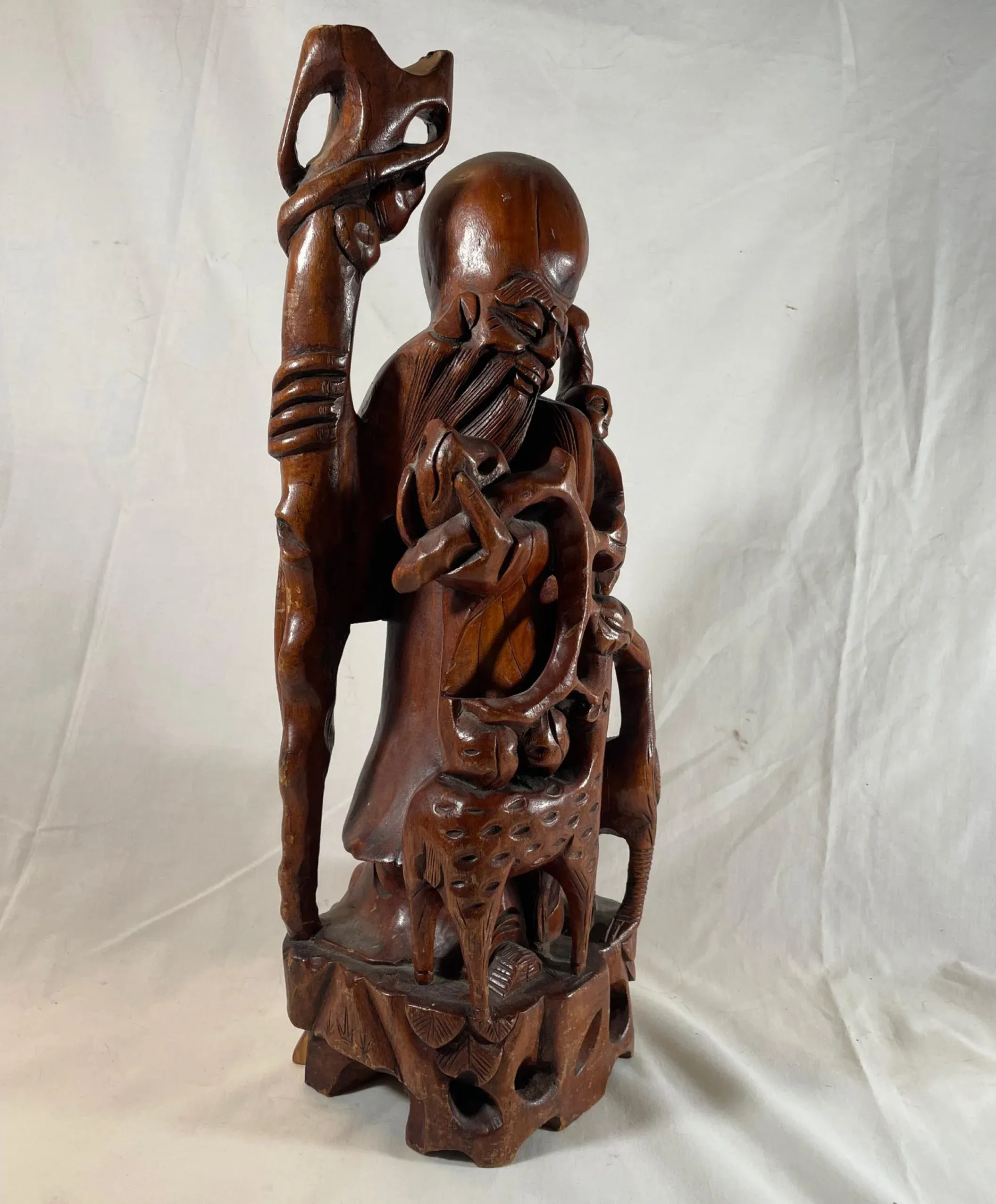 Antique Chinese Carved Shou Xing Immortal Rosewood Sculpture