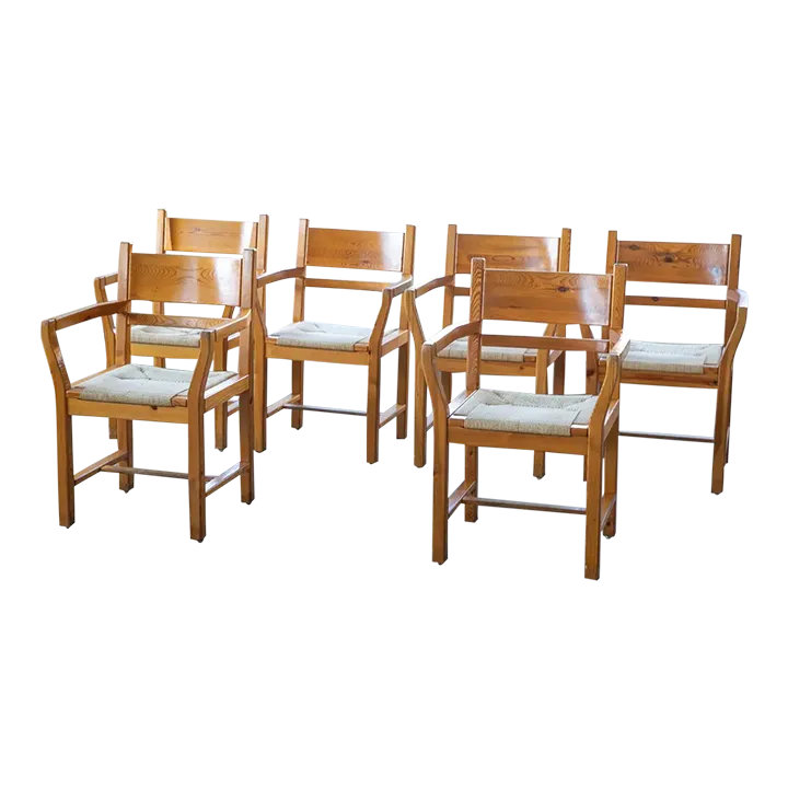Set of Six Modern Danish Dining Chairs in Solid Pine and Papercord