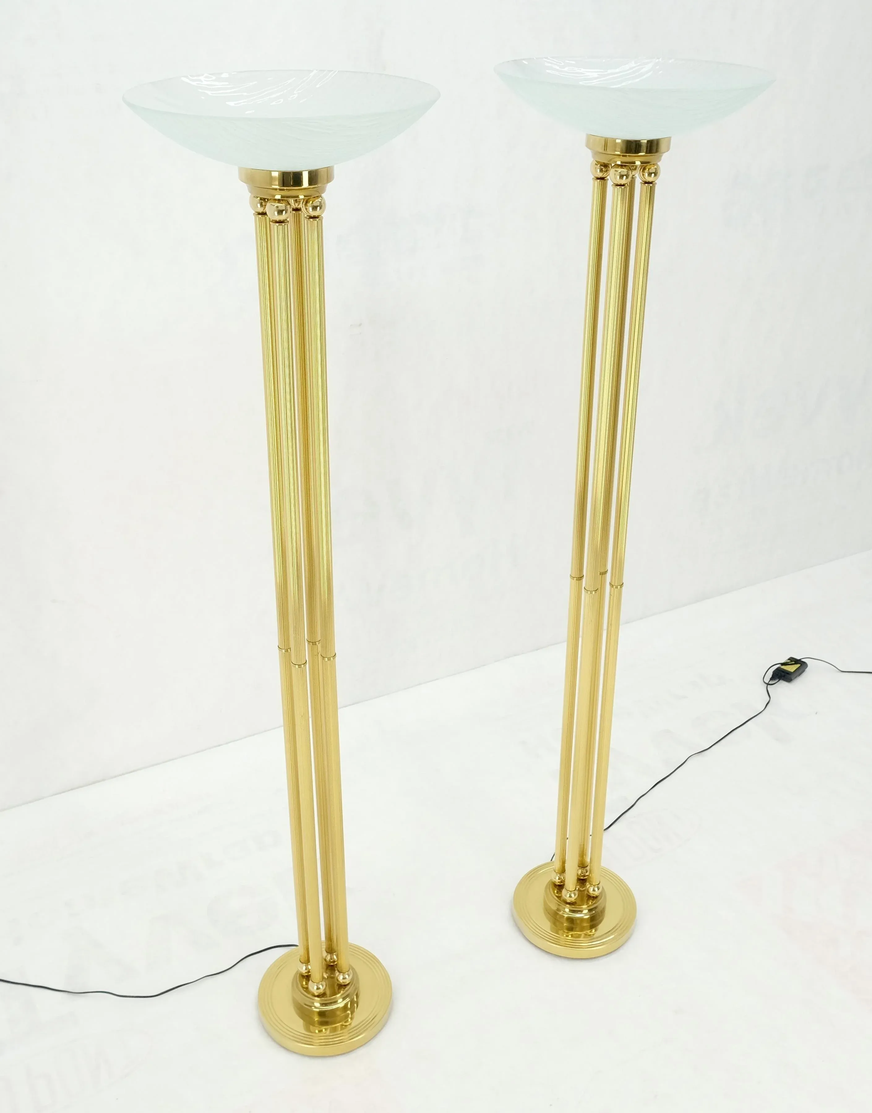 Mid Century Modern Brass Etched Glass Shades Torcheres Floor Lamps - A Pair