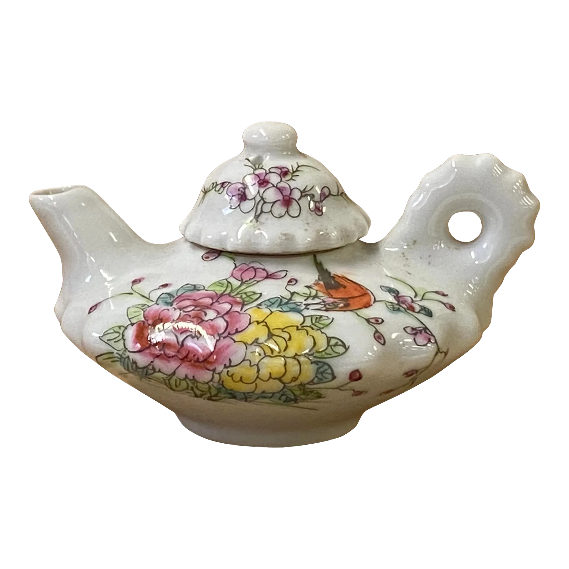 Chinese White Porcelain Flower Bird Graphic Teapot Shape Display Chairish