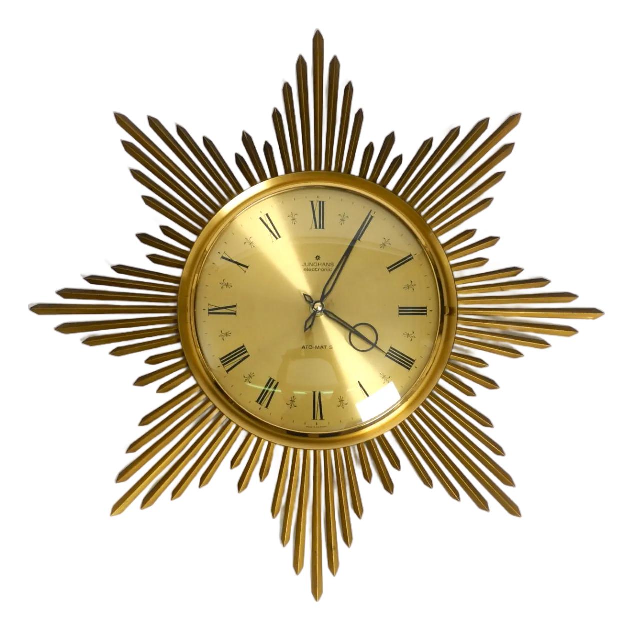 Large Brass Sunburst Wall Clock from Junghans Ato-Mat, 1960s
