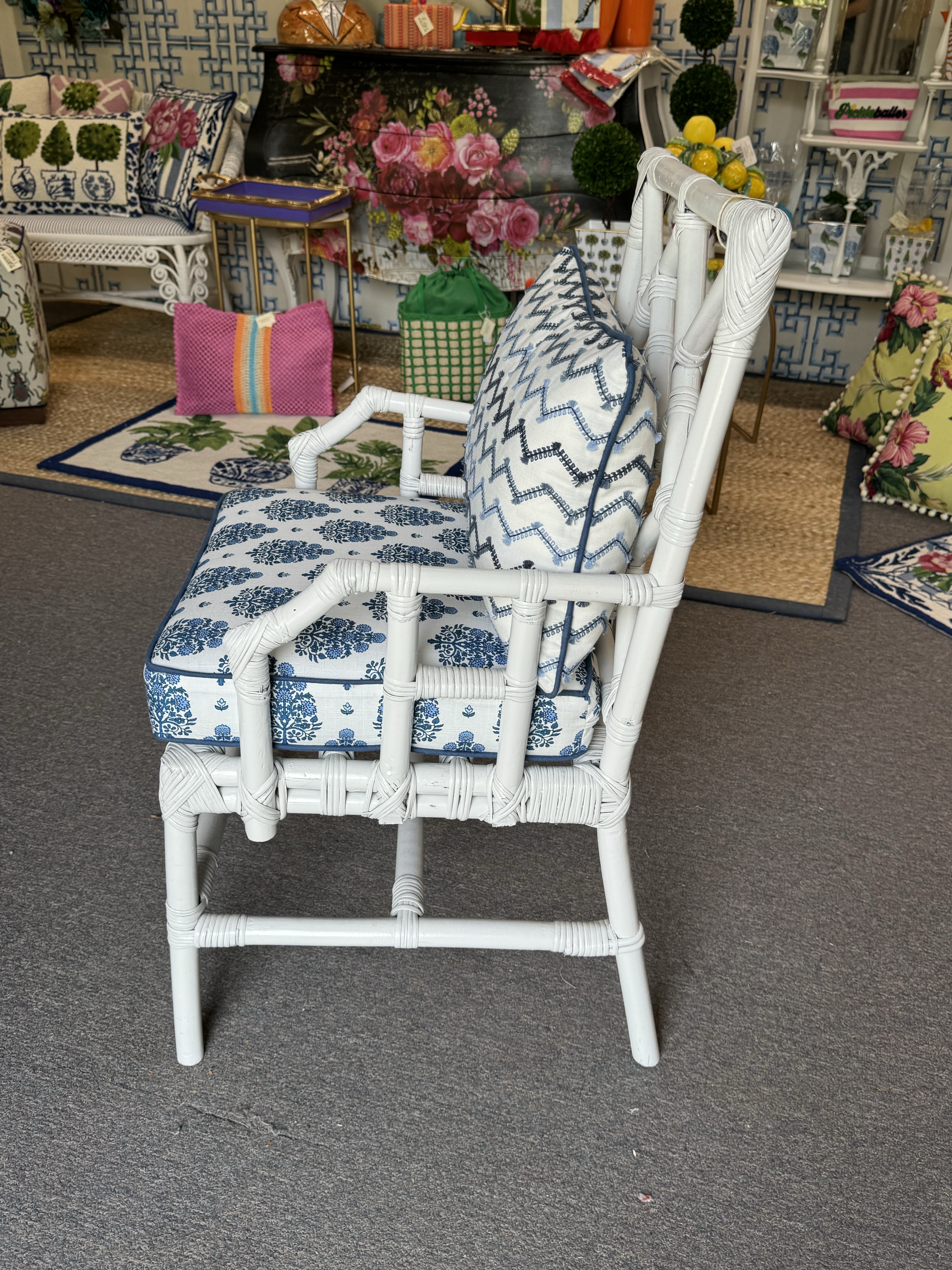 Late 20th Century Painted Bamboo Chair With Nautical Cushion and