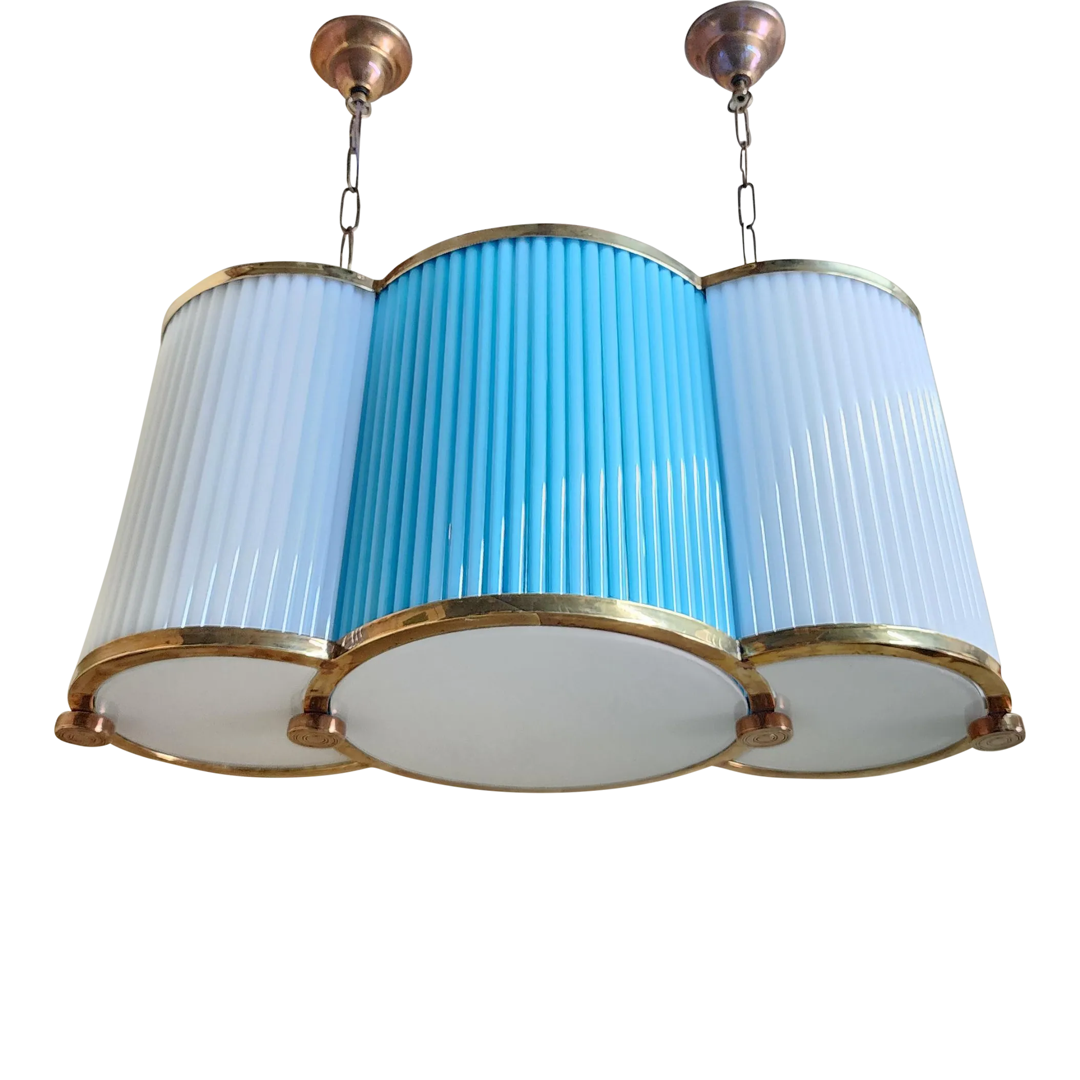 Vintage Art Deco Chandelier in Brass \u0026 Blue Milk Glass Rod Ship Light |  Chairish, image size:2108x2108