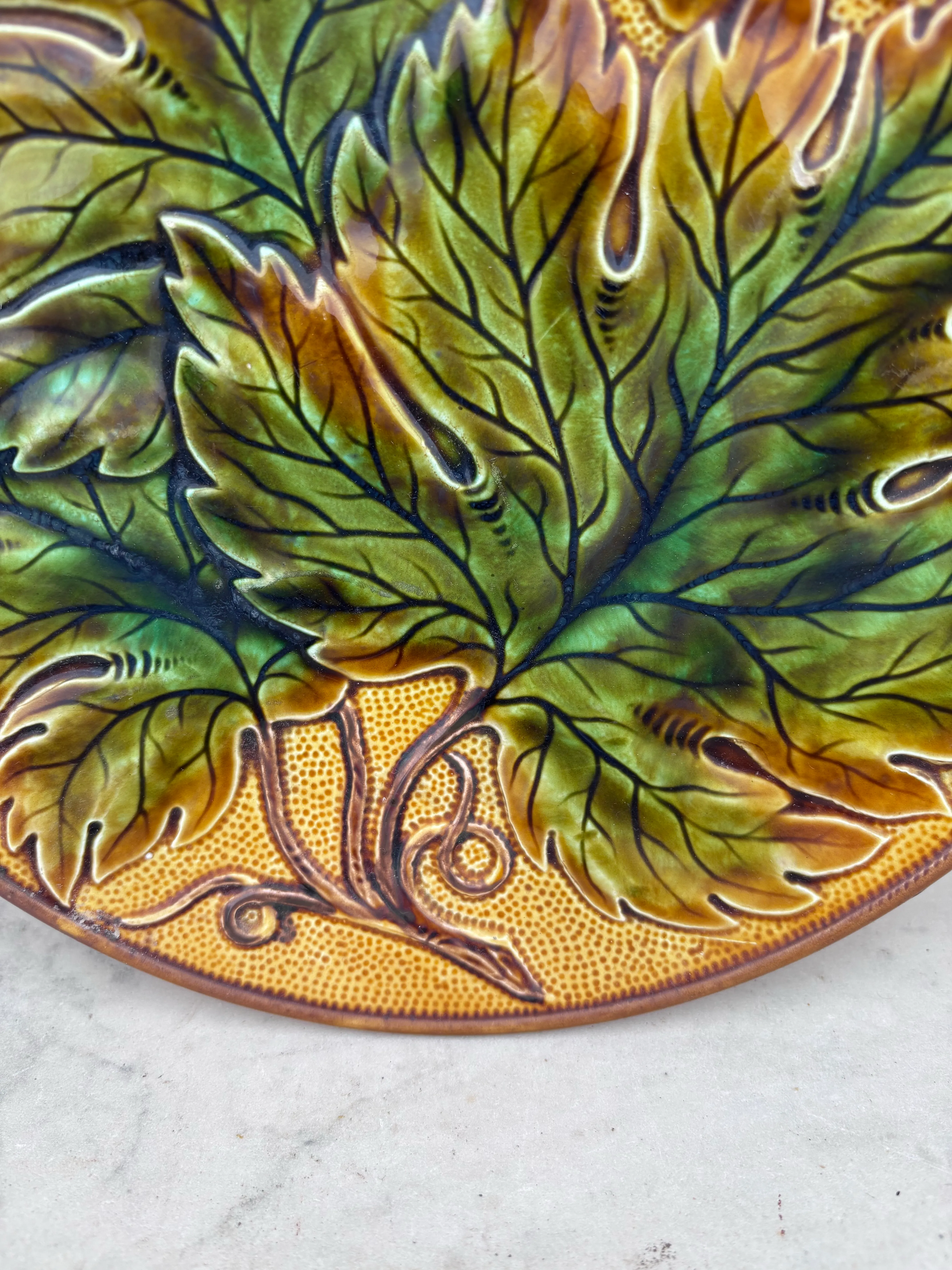 Large German Majolica Leaf Plate, Circa 1900