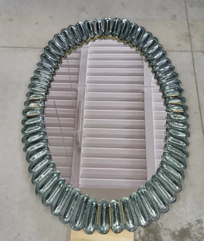 Mid-Century Style Oval Wall Mirror in Murano Glass and Brass, 2000s