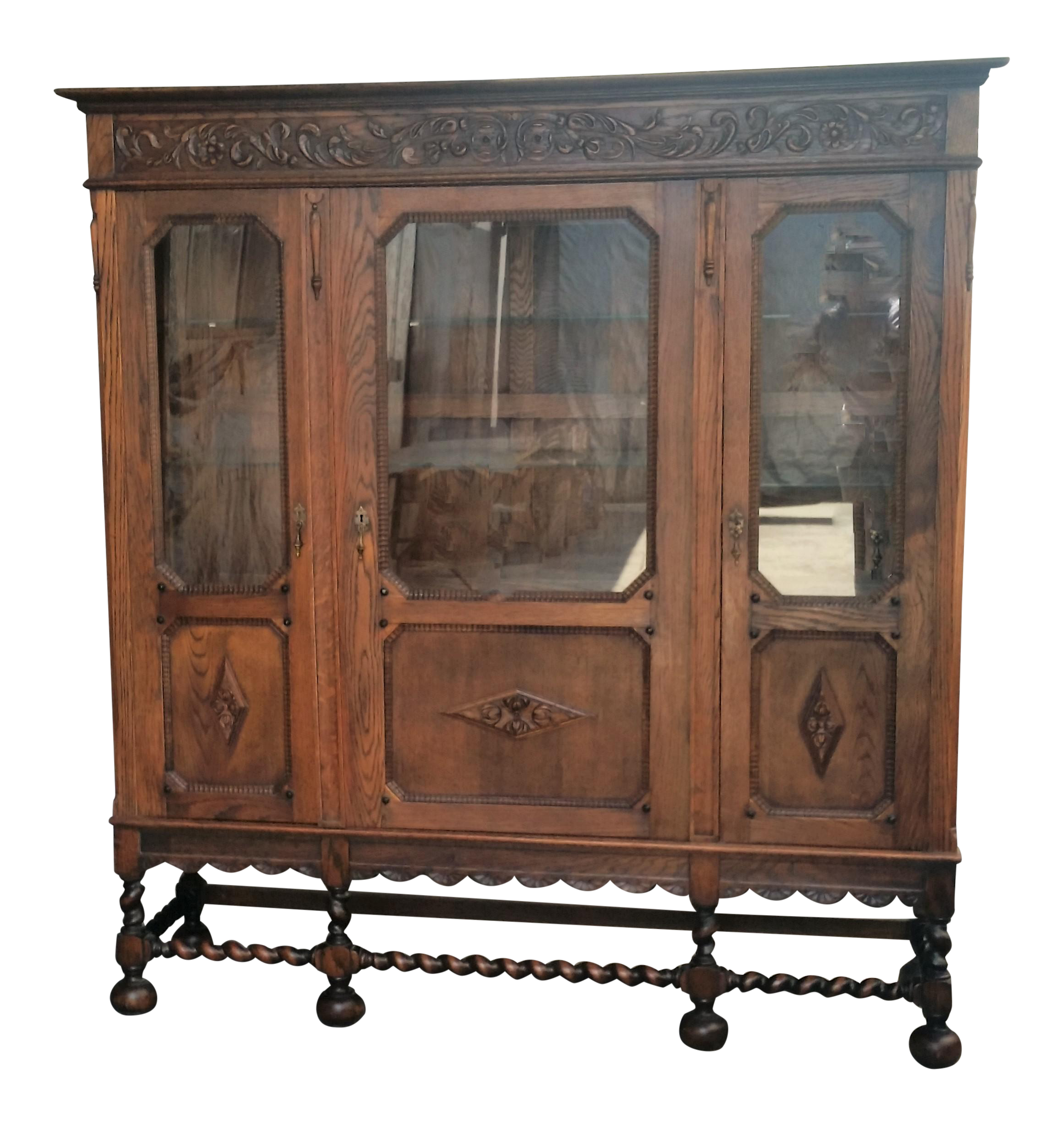 Antique Oak Barley Twist Bookcase Display China Cabinet Bookcase