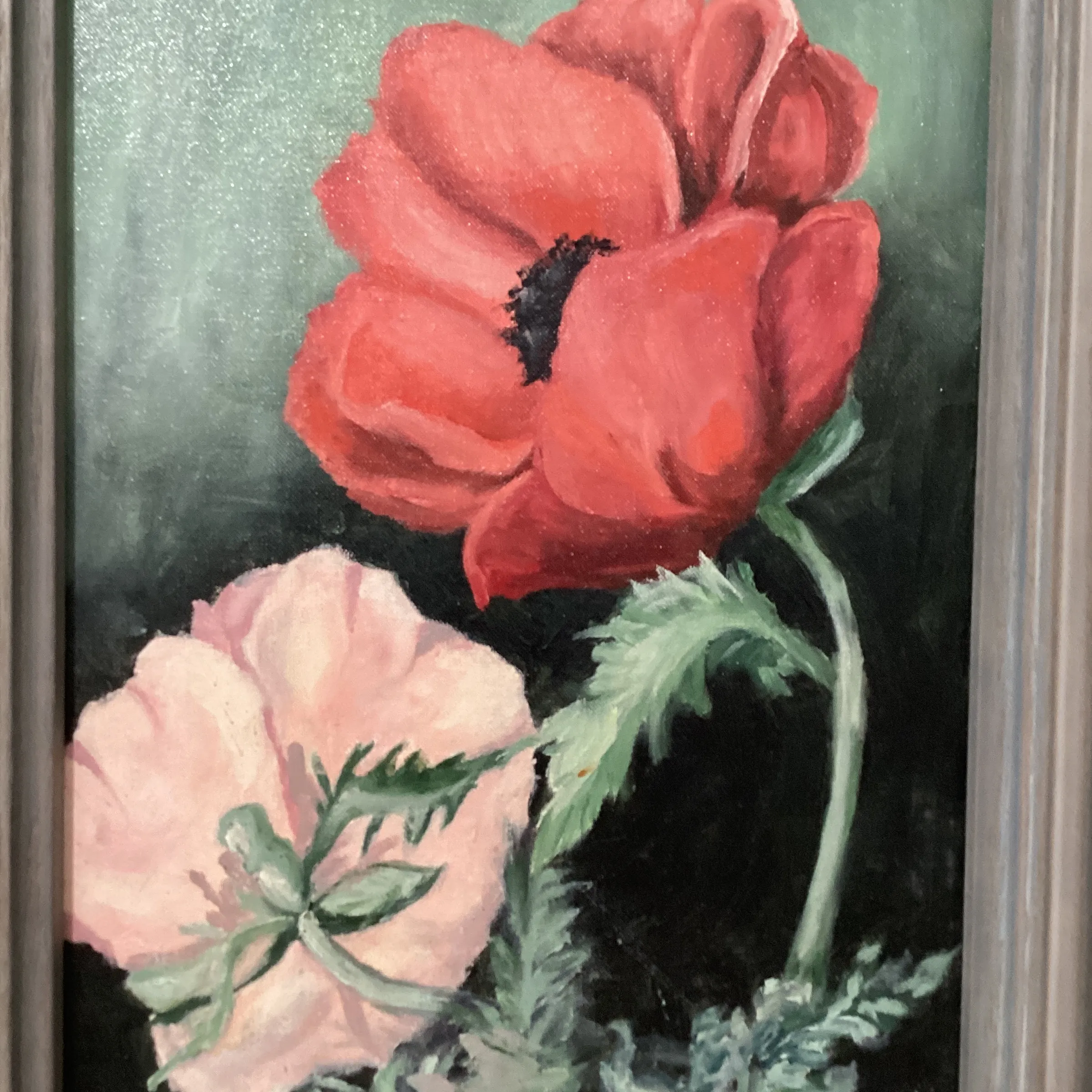Mid Century Original Flowers Painting on Canvas “Red & Pink