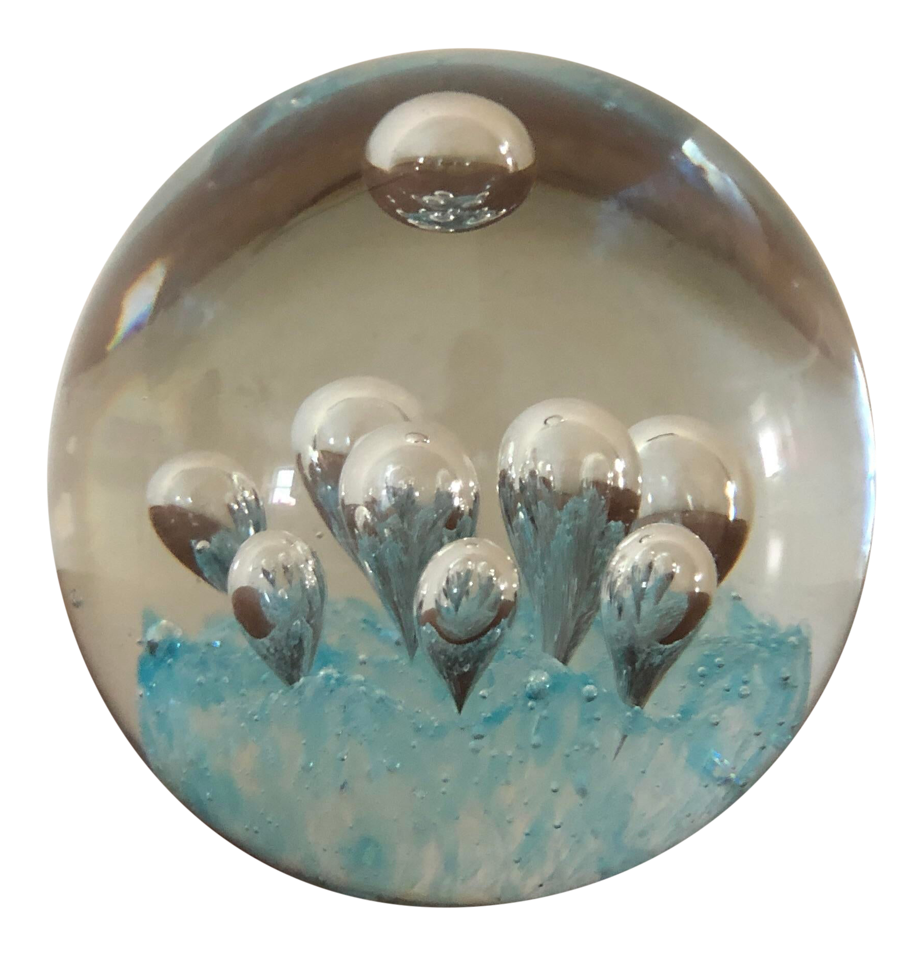 Collectibles Art Glass Paperweight Controlled Bubble Light Blue Silver