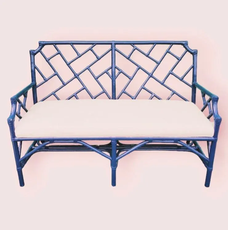 Vintage Rattan Navy Blue Chinese Chippendale Large Bench Settee