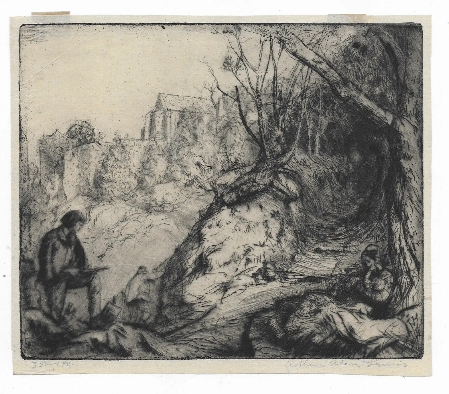 1910s Allen Lewis Landscape With Figures Etching