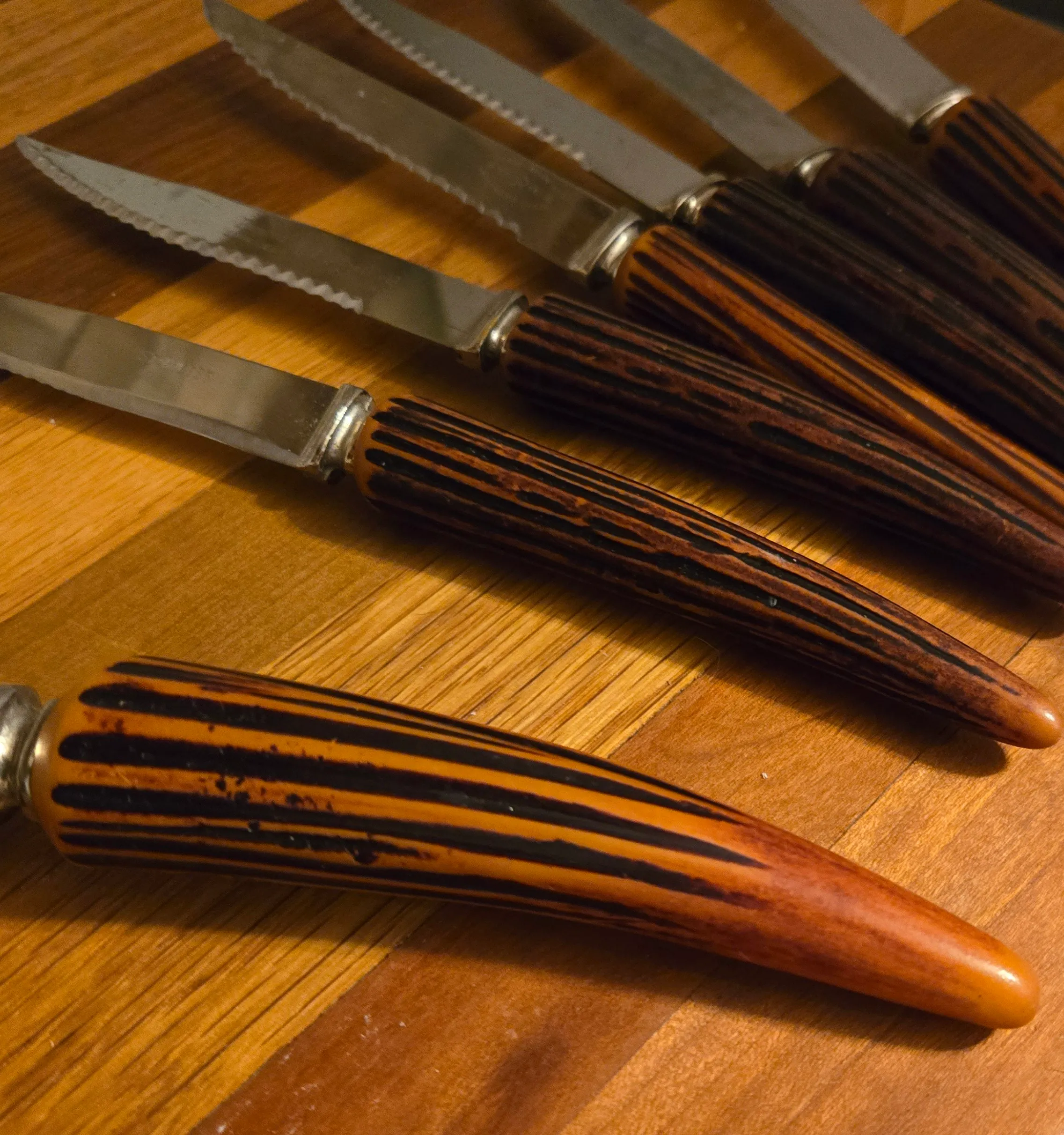 Bakelite Horn Carving Set and 12 Steak Knives- Set of Fourteen