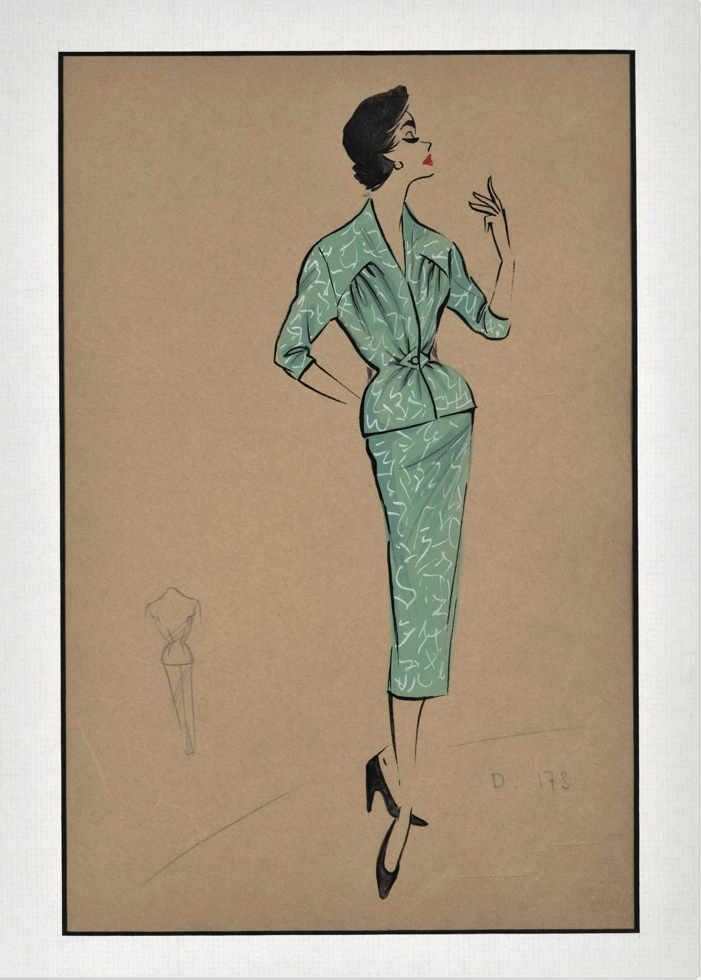 1950s Mid-Century French Fashion Drawing- Suit for the Working Woman, Matted