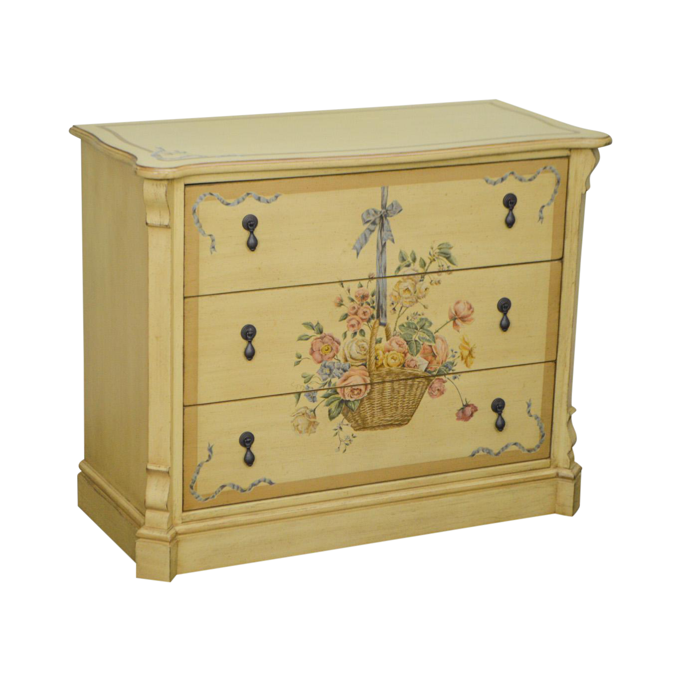 Drexel Heritage Yellow Floral Paint Decorated Chest Of Drawers