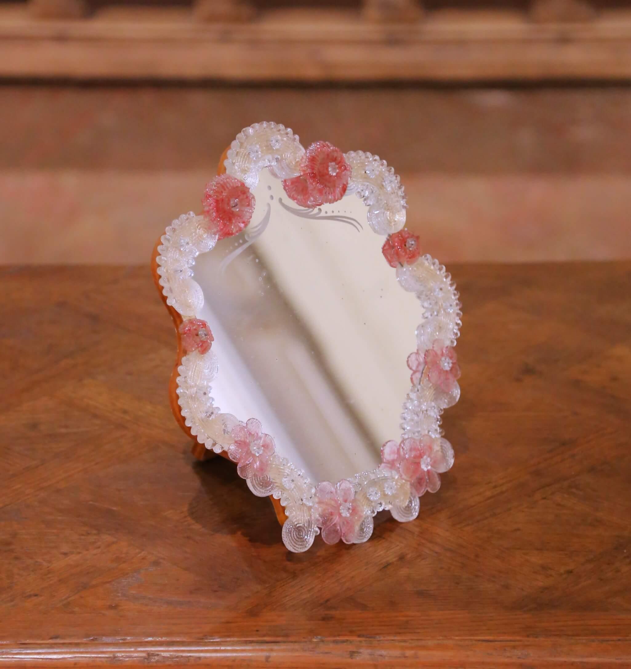 Mid-Century Italian Murano Glass Vanity Mirror With Pink Flowers