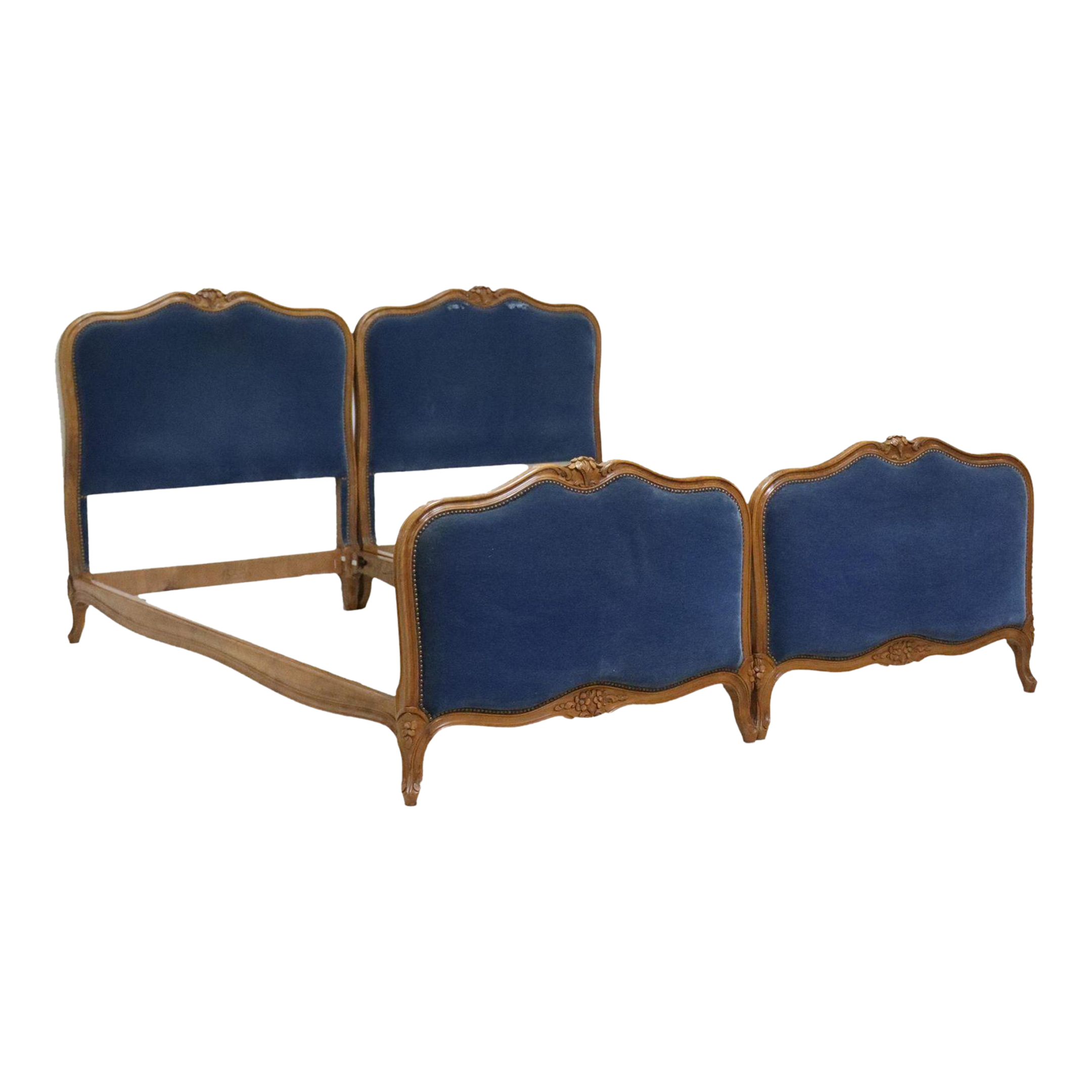 Antique French Louis XV Style Blue Velvet Upholstered Twin Beds, a Pair Chairish