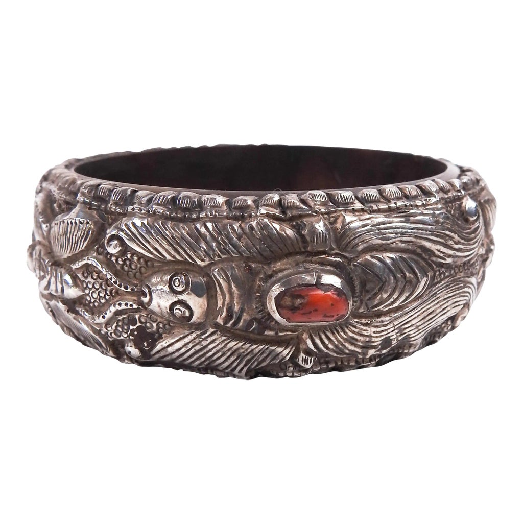 Vintage Tribal Repousse Silver and Coral Bracelet