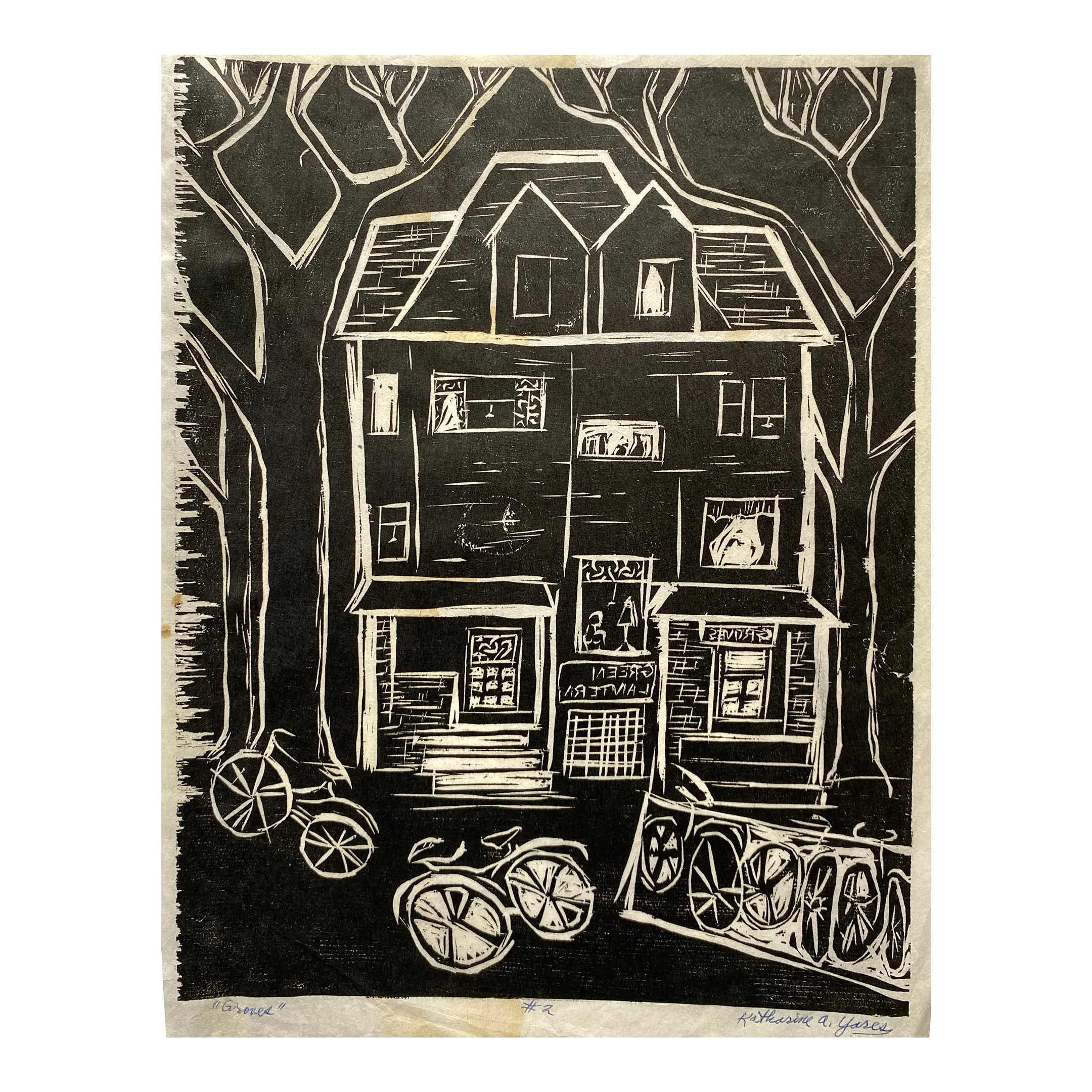 196s Kay Yares Groves House Woodblock Print