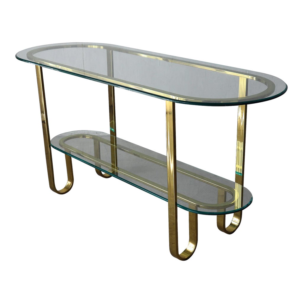 1980's Brass and Glass Racetrack Console Table Bar | Chairish