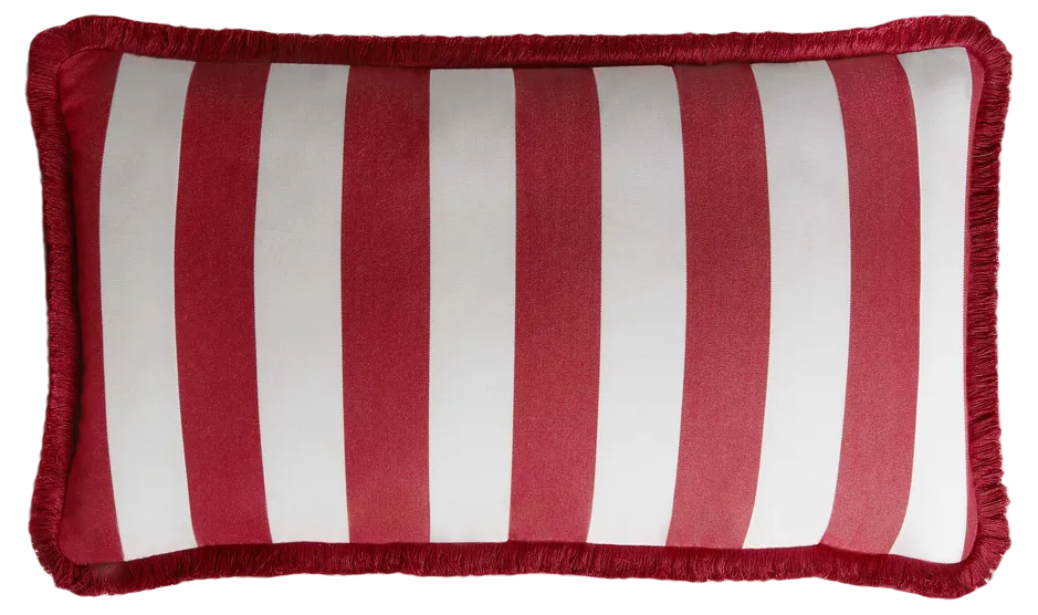 Striped Outdoor Happy Cushion Cover in Red and White with Fringes