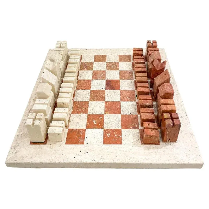 Chess Game in Two Colored Travertine by Angelo Mangiarotti, Italy, 1970s