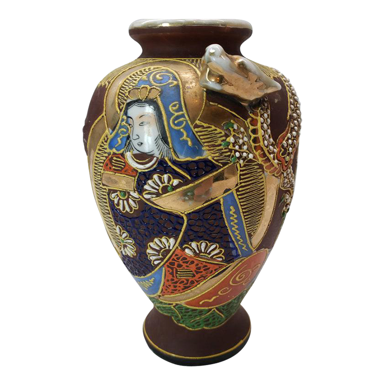 Vintage Mini Japanese HandPainted 24k Gold Detail Geisha & Dragon Vase