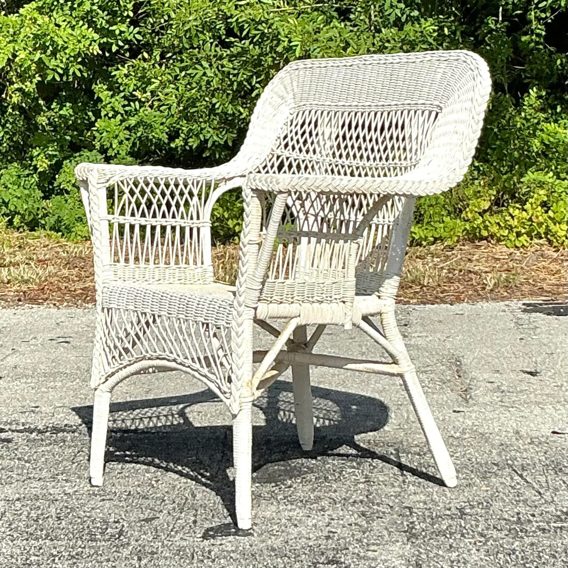 Vintage Coastal Paddle Arm Woven Rattan Lounge Chair