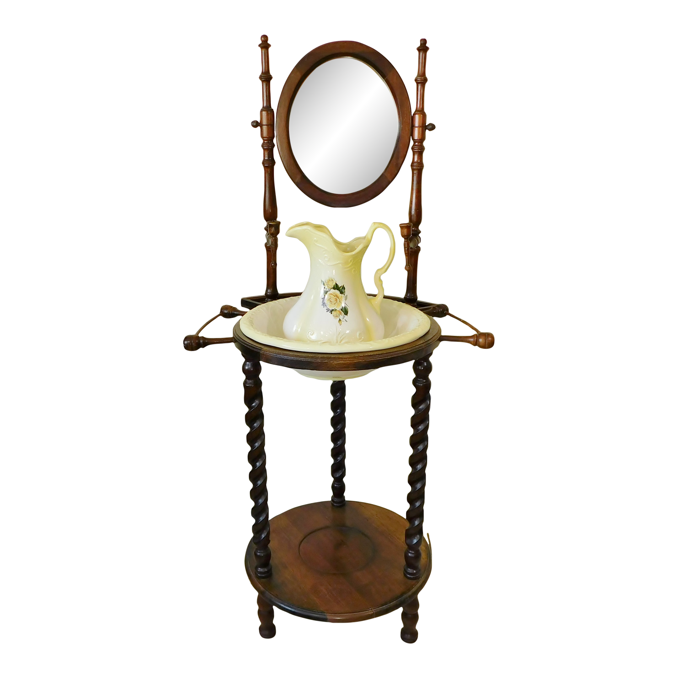 Vintage Yellow Ironstone Wash Bowl Basin & Pitcher With Wood Spiral