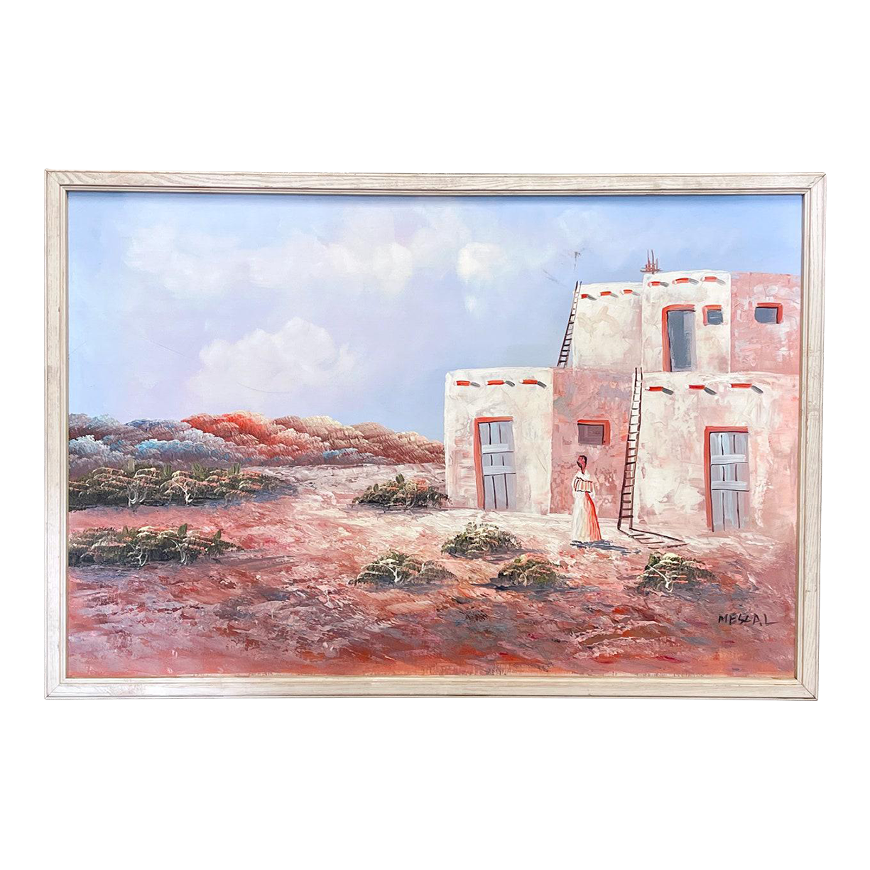 1980s Southwestern Pueblo Scene Original Oil Painting on Canvas Signed
