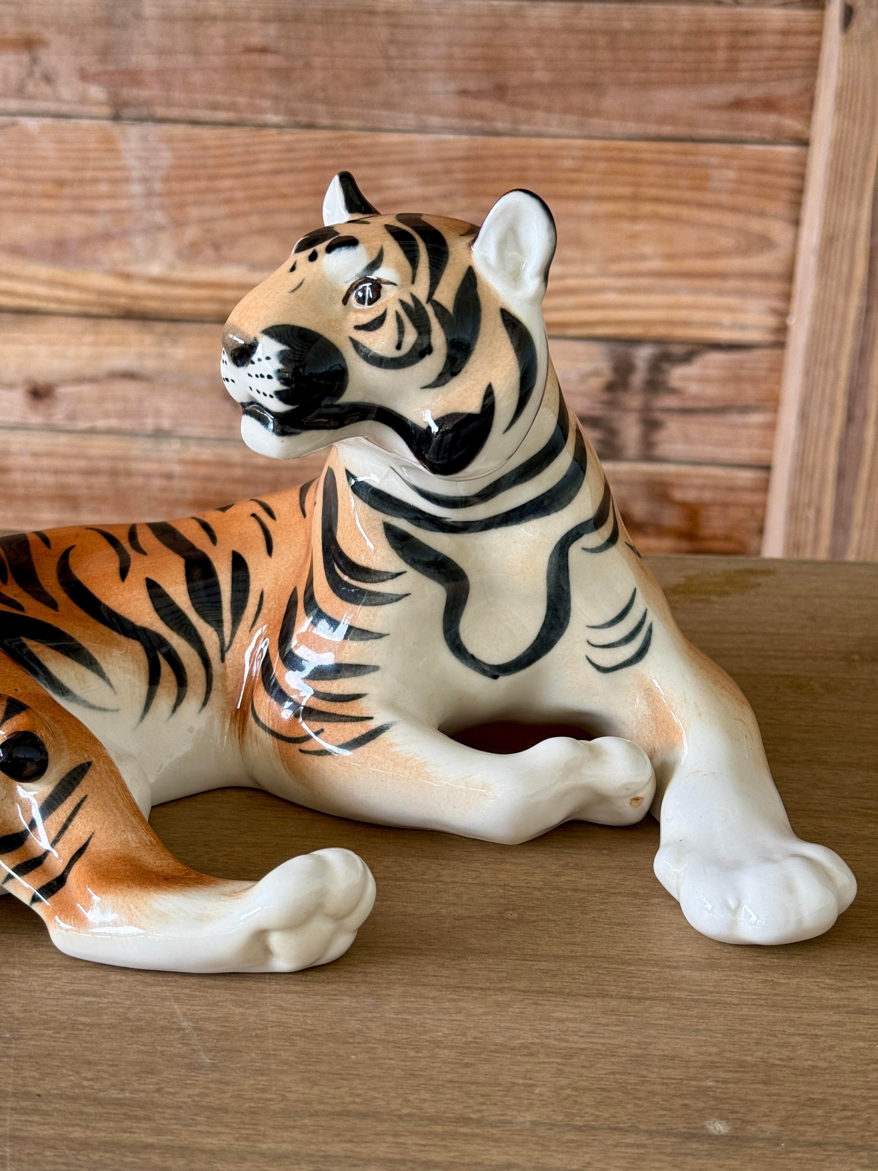 Mid-20th Century Lomonosov Porcelain Glazed “Lying” Tiger Figurine