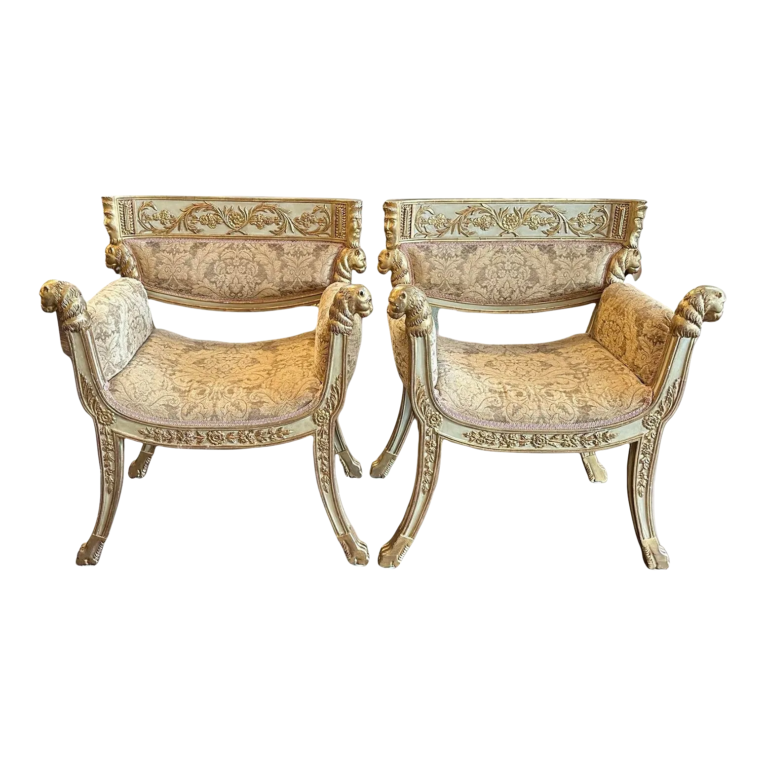 Pair of 1990s Renaissance Revival Style Upholstered Carved Wood and Gesso Chairs