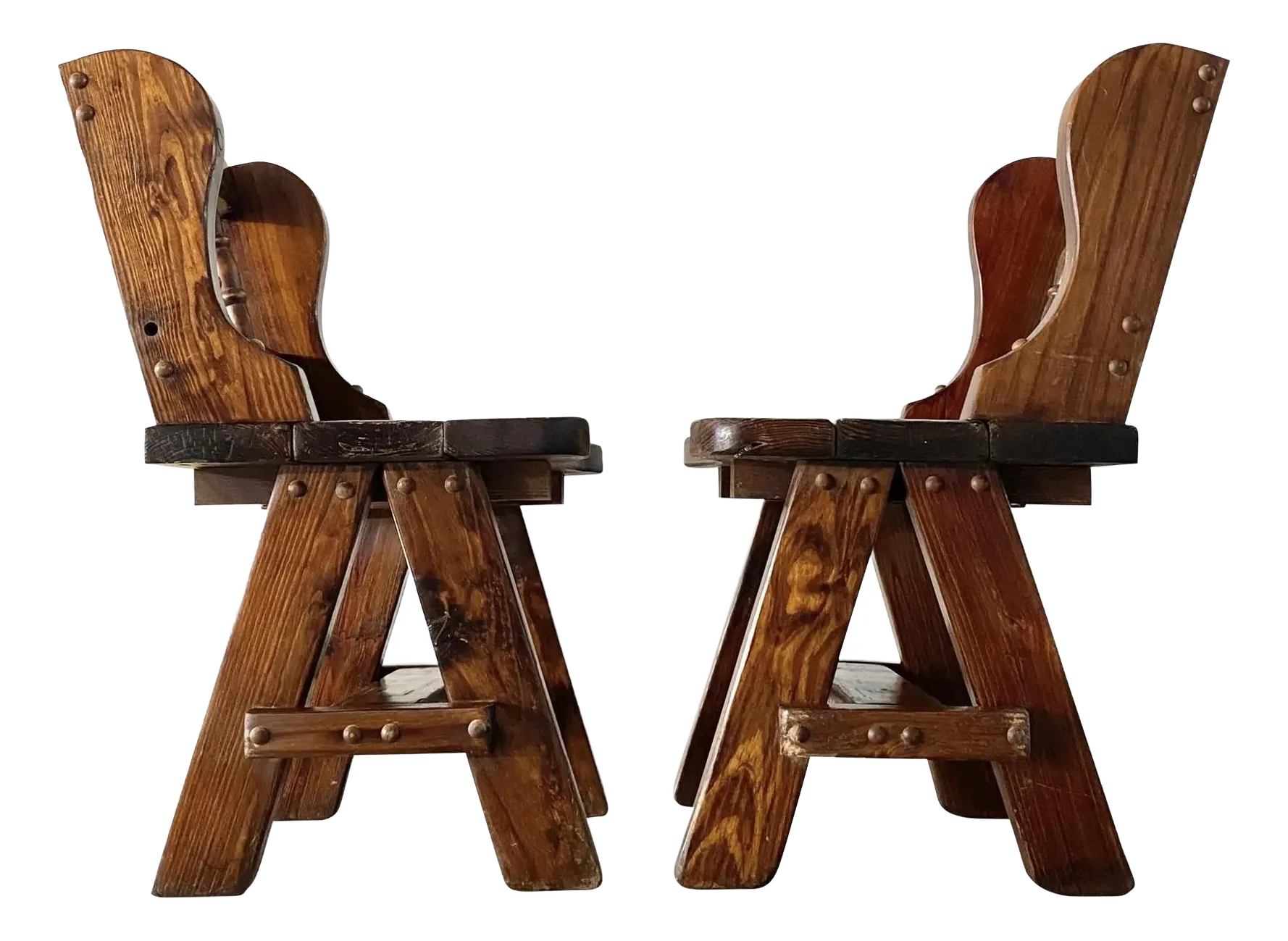 Brutalist Pair Knotty Pine Chairs (After Charlotte Perriand
