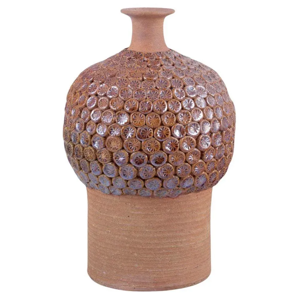 Vintage Swedish Clay Vase with Flower Buds in Relief from Rolf Fagerberg, 1970s