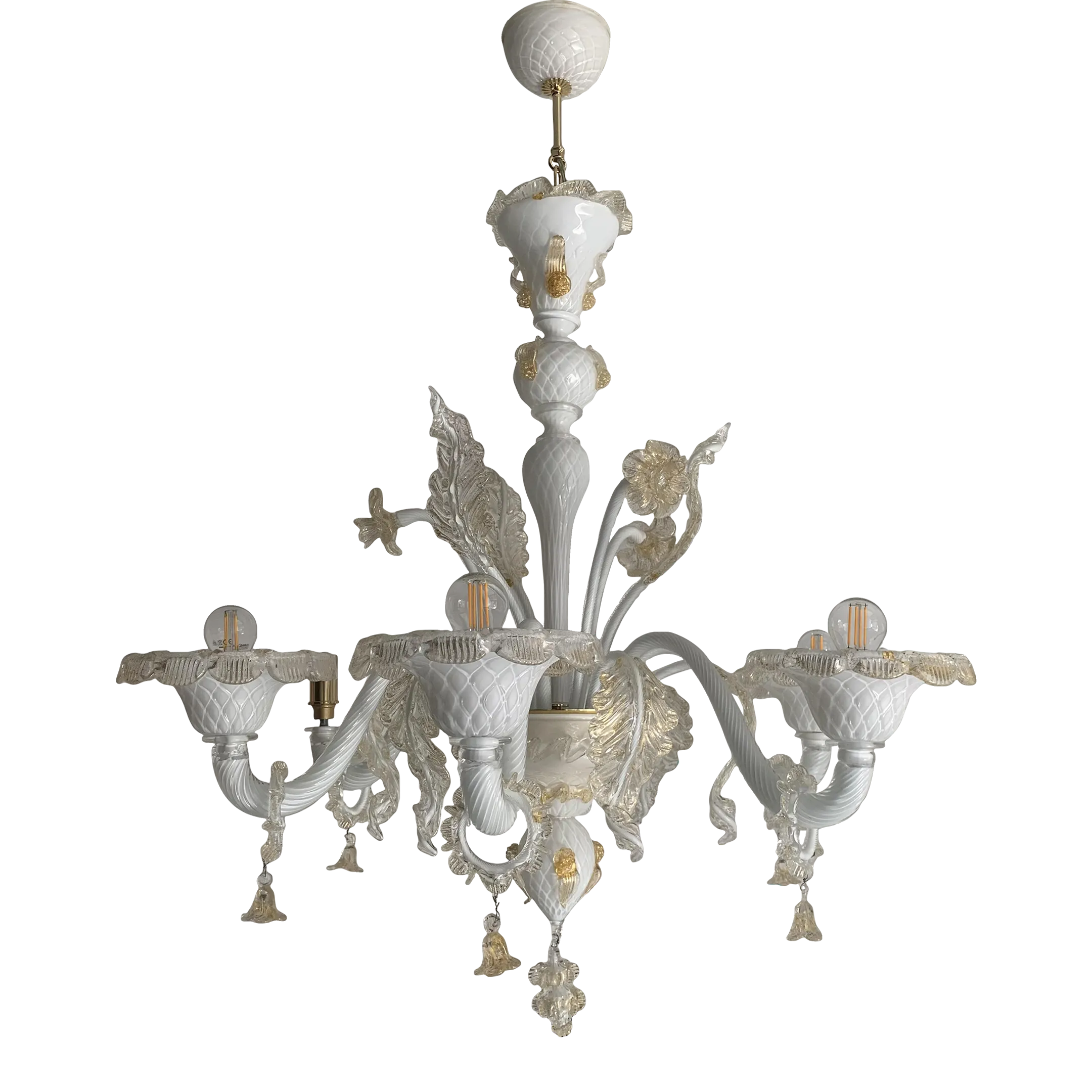 Milky and Gold Murano Glass Chandelier With Flowers and Leaves Chairish