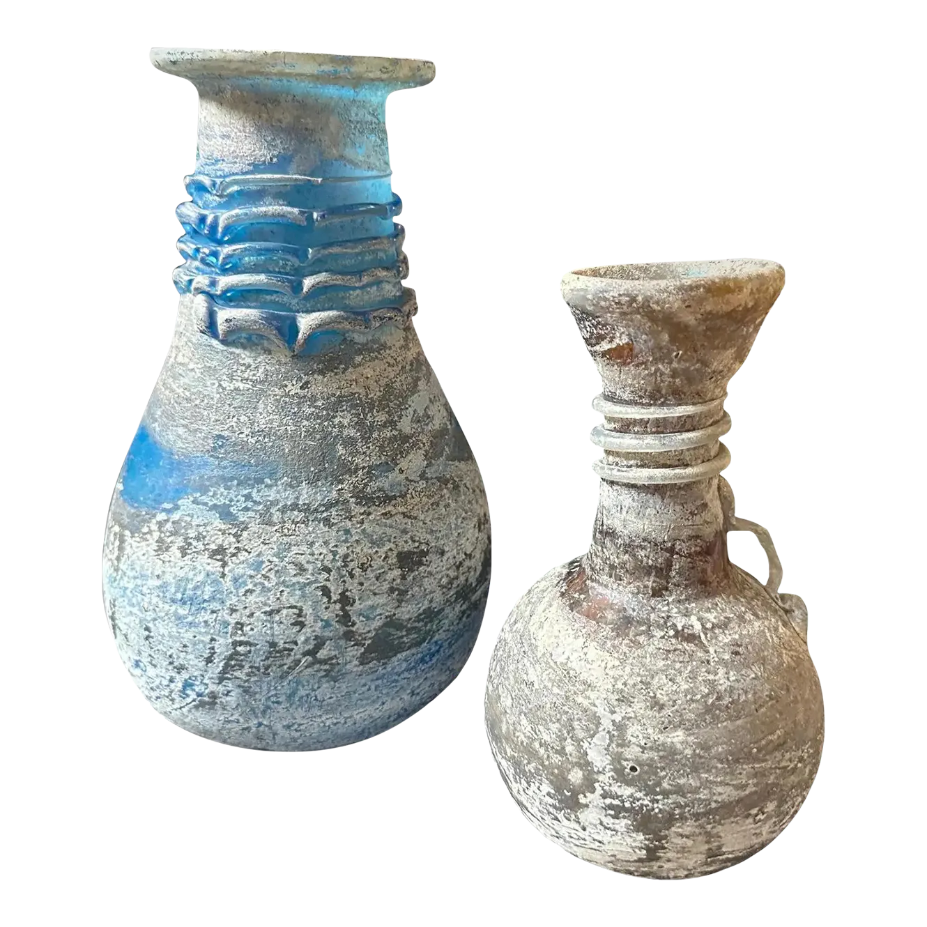 1970s Set of Two Cenedese Style Blue and Gray Scavo Murano Glass
