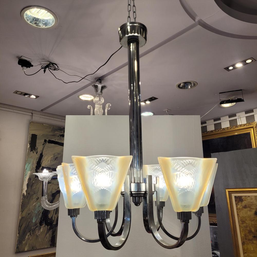 Pendant Light in Glass and Nickel-Plated Metal from Atelier Petitot Paris, 1930s