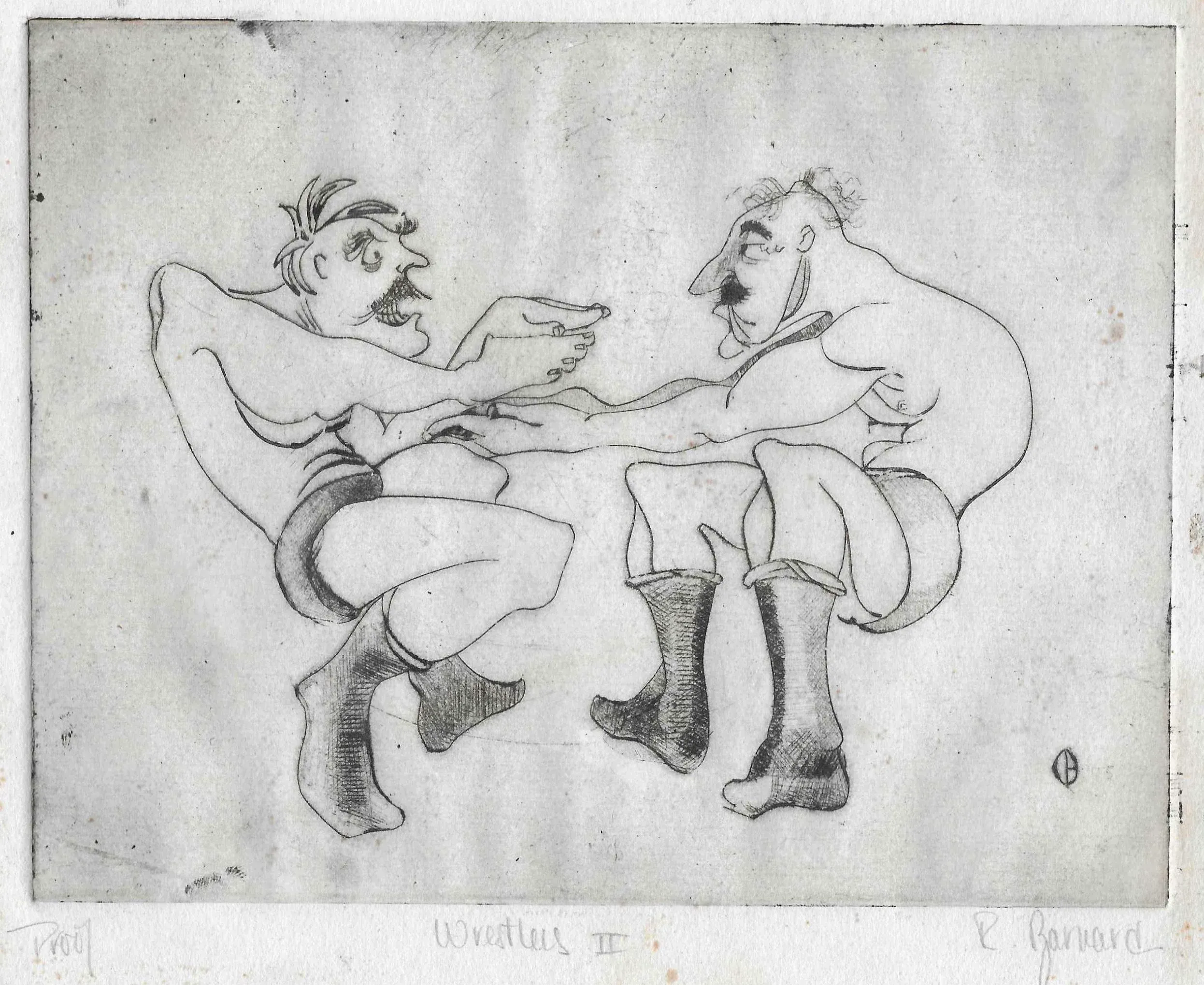 1930s Wrestlers Etching by Barnard