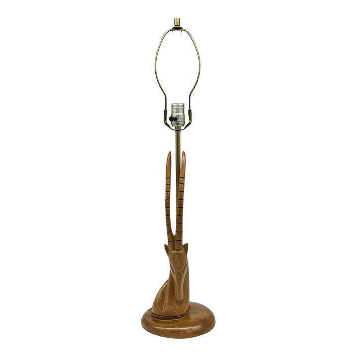 Vintage Mid-Century Modern Gazelle Table Lamp in Walnut Wood Carved