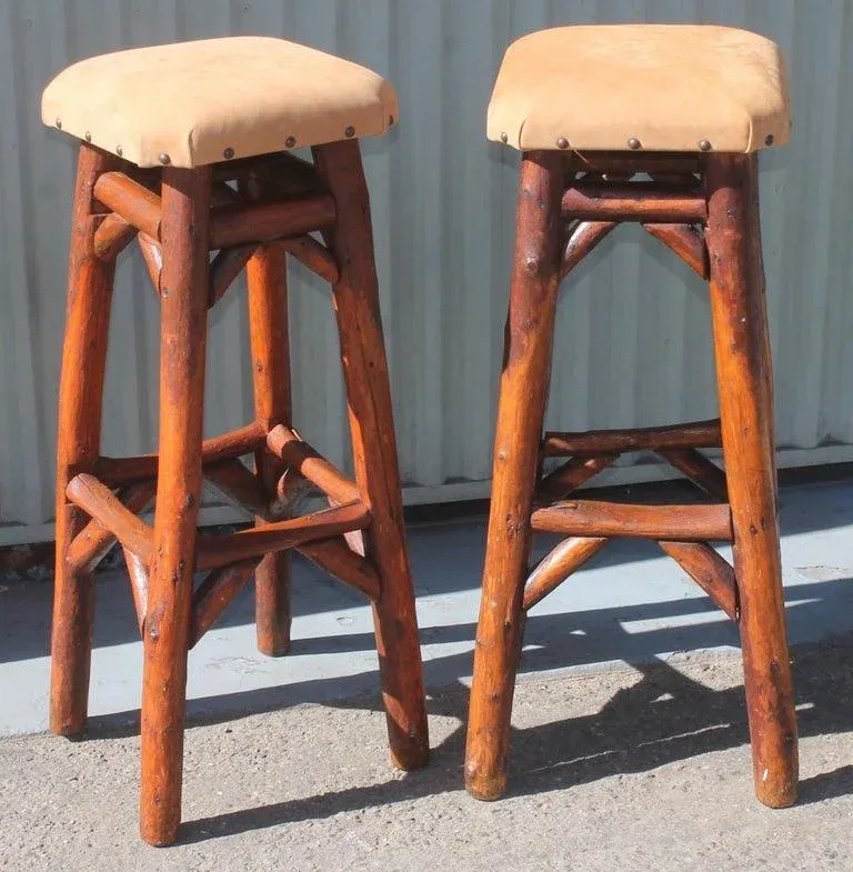 Early Old Hickory Bar Stools W/ Suede Seats-Pair Chairish