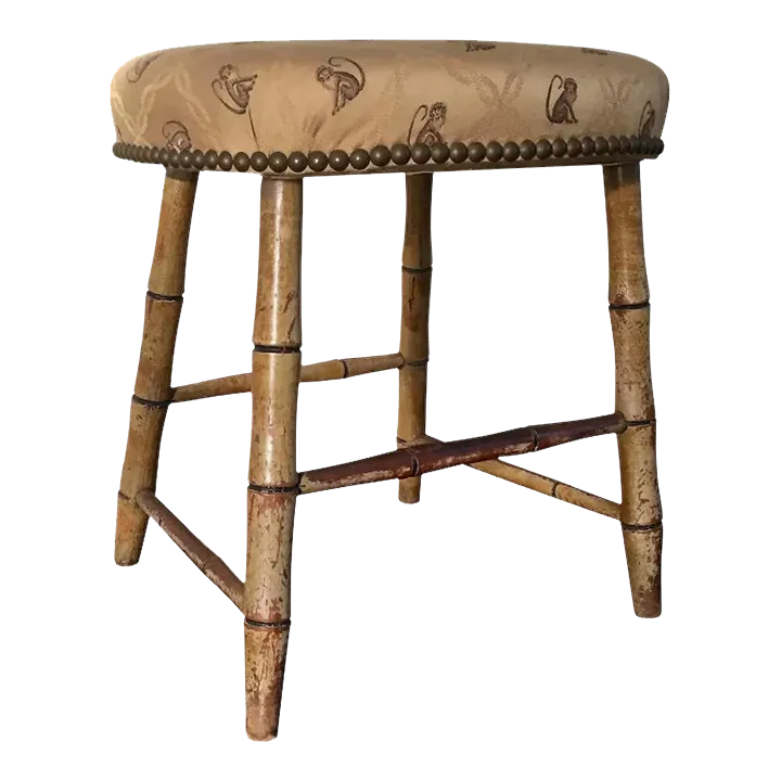 Early 19th Century American Empire Faux Bamboo Windsor Stool with Upholstered Seat