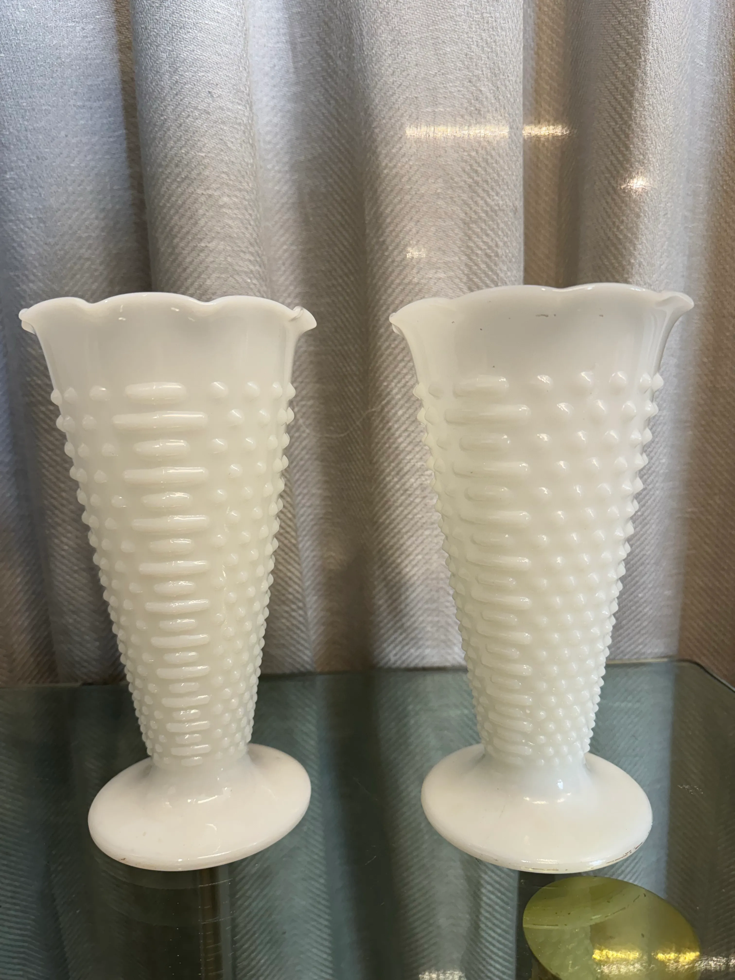 Hobnail Cone Shaped Vases, Pair