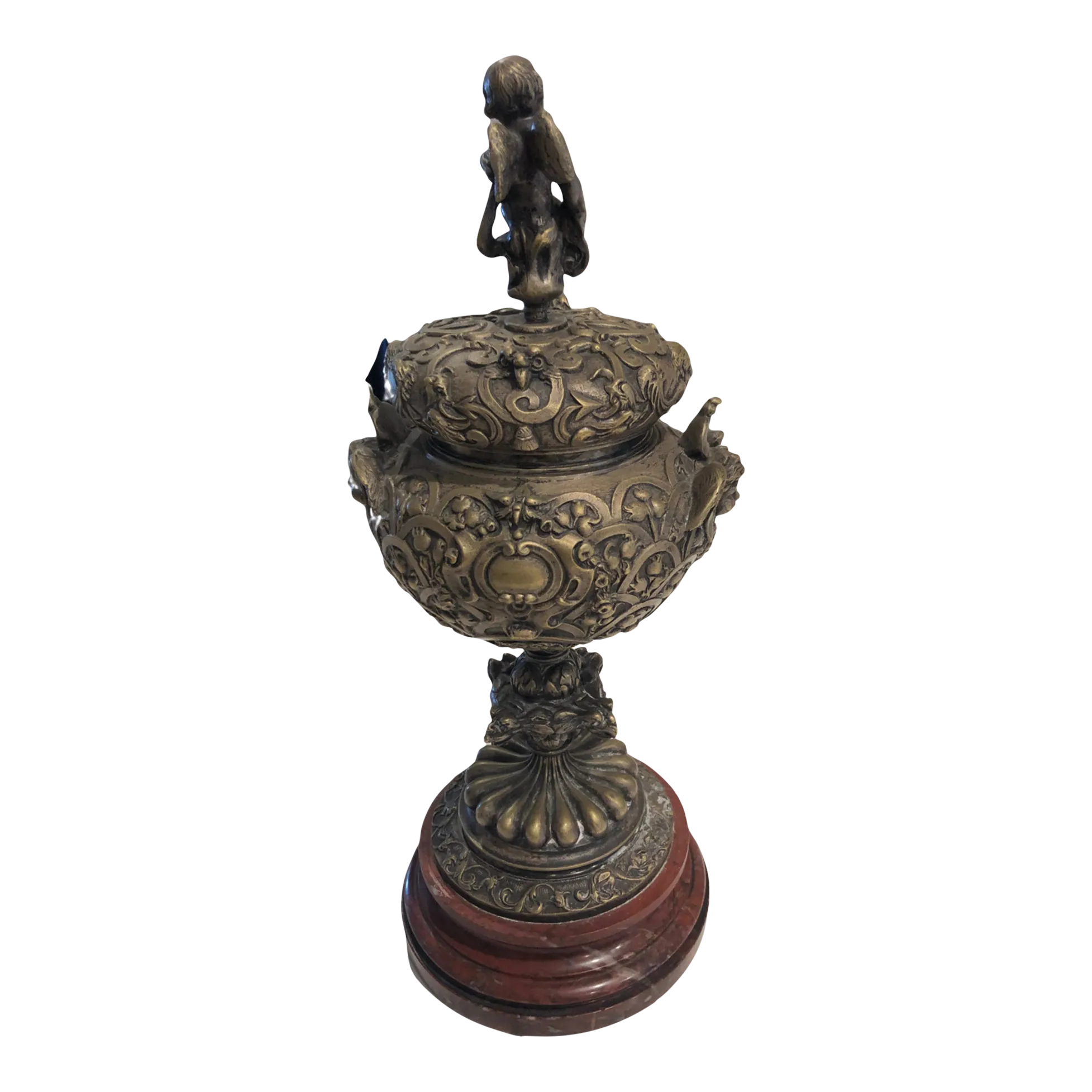 Late 19th Century Silver-Tone Metal Ornate Urn With Marble Base