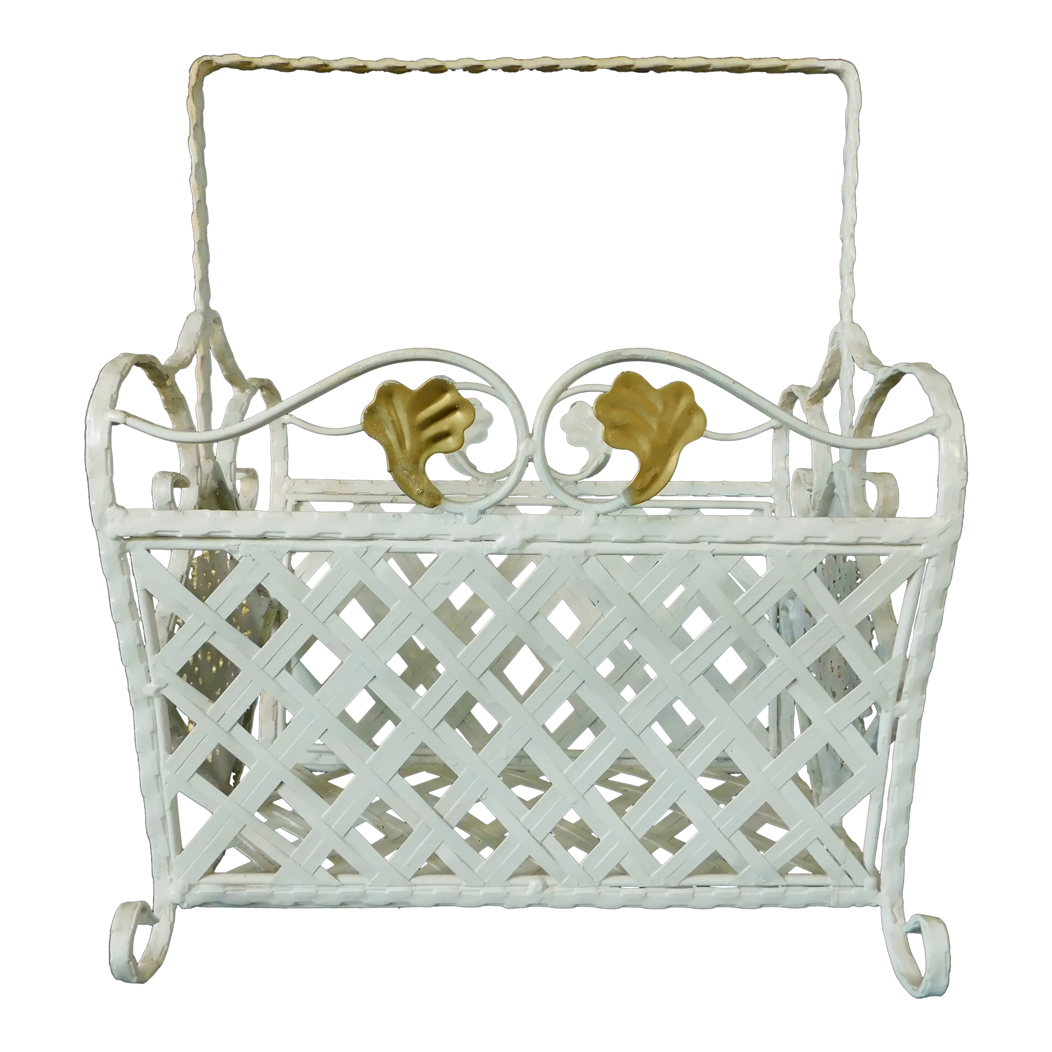 Vintage Gold & White Twisted Wrought Iron Medallion Basket Weave Magazine  Rack | Chairish