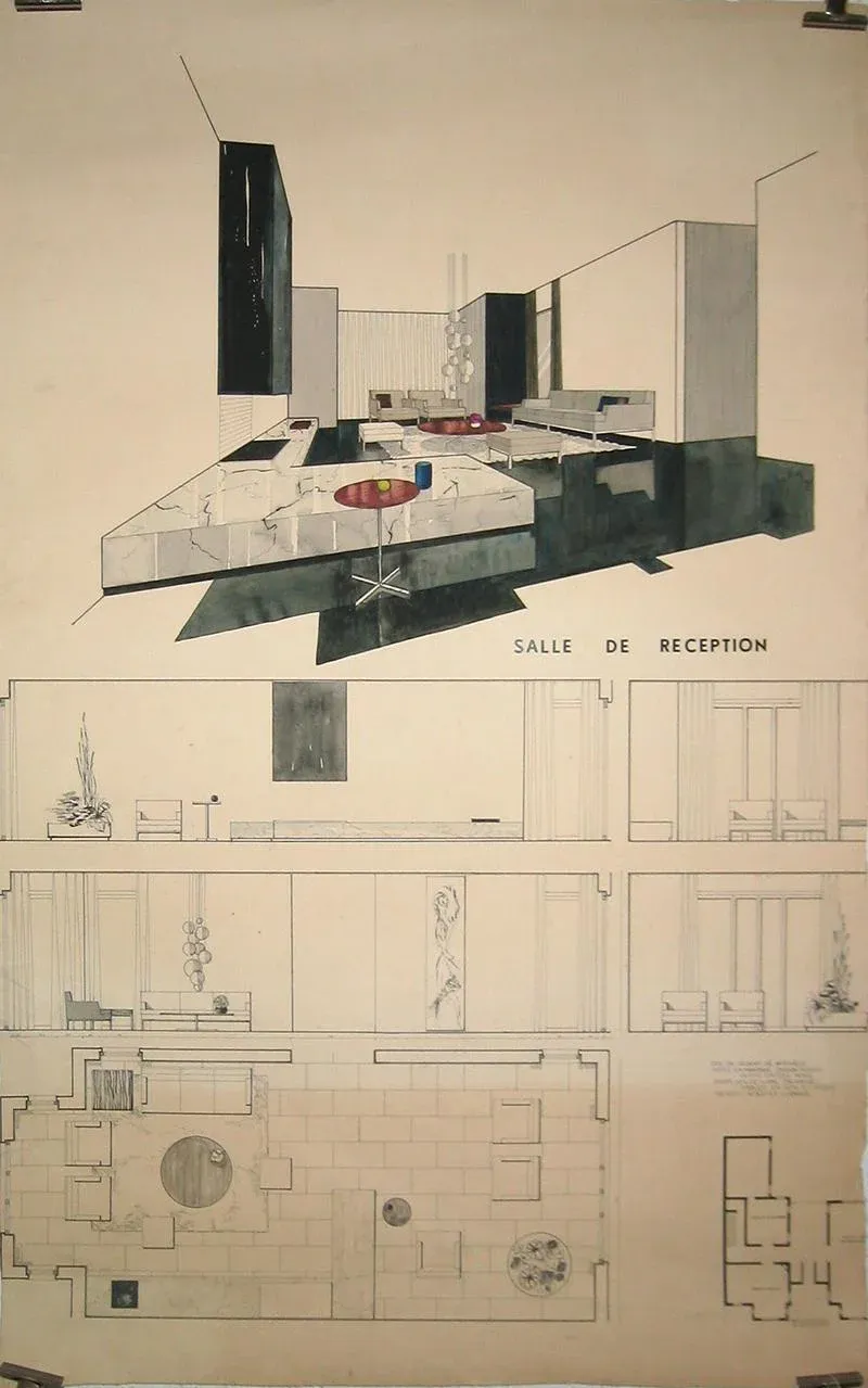 F. Janssens, Architectural Drawing of Reception Room, 1950s, Drawing on Paper