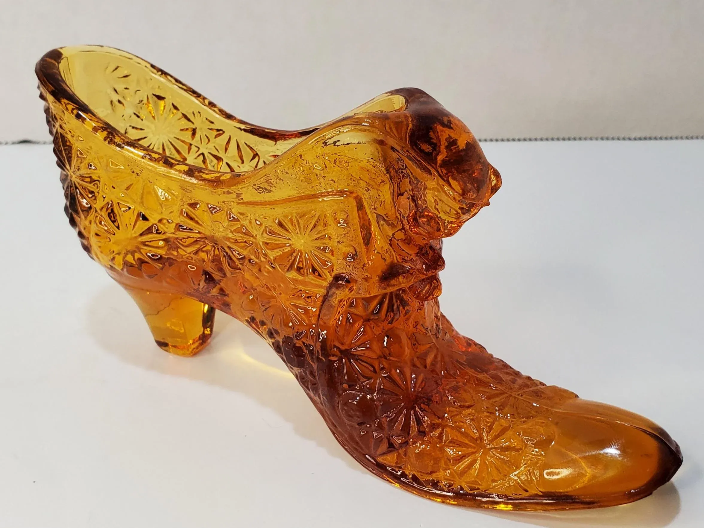 1960s Fenton Cathead Daisy and Button Amber Glass Slipper