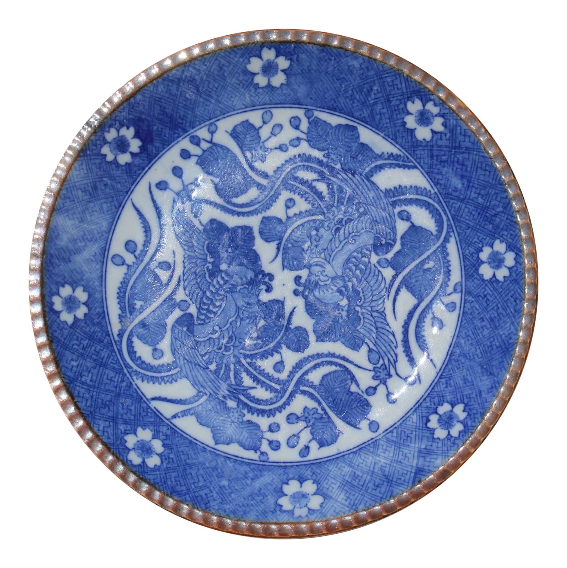 1900s Phoenix Meiji Japanese Igezara Transferware Blue and White